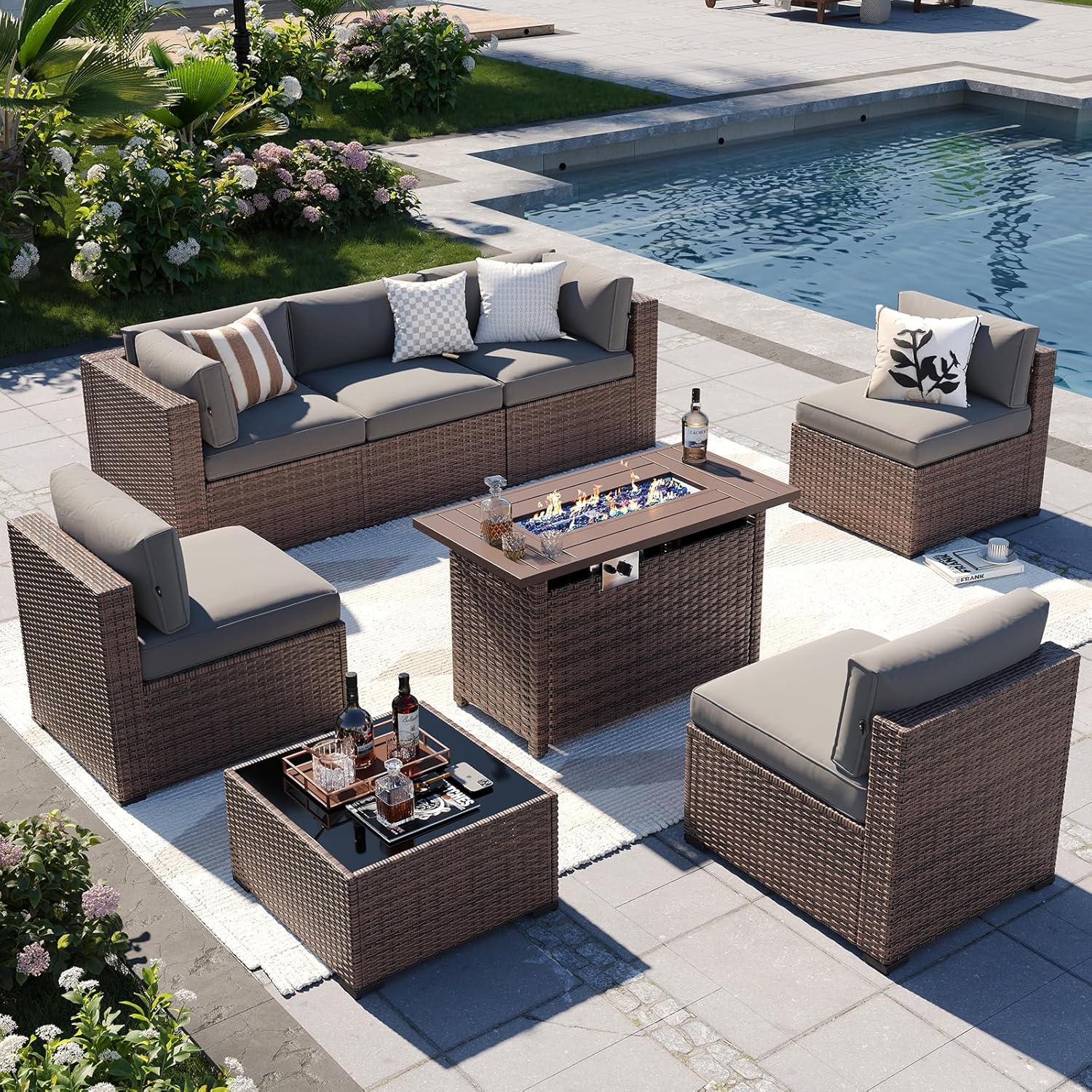 Aoxun Outdoor Patio Furniture with Fire Pit Table, 50,000 BTU Wicker Gas Fire Pits with Lid, 44'' Propane Gas Firepit Table for Backyard, Poolside, Garden (Brown)