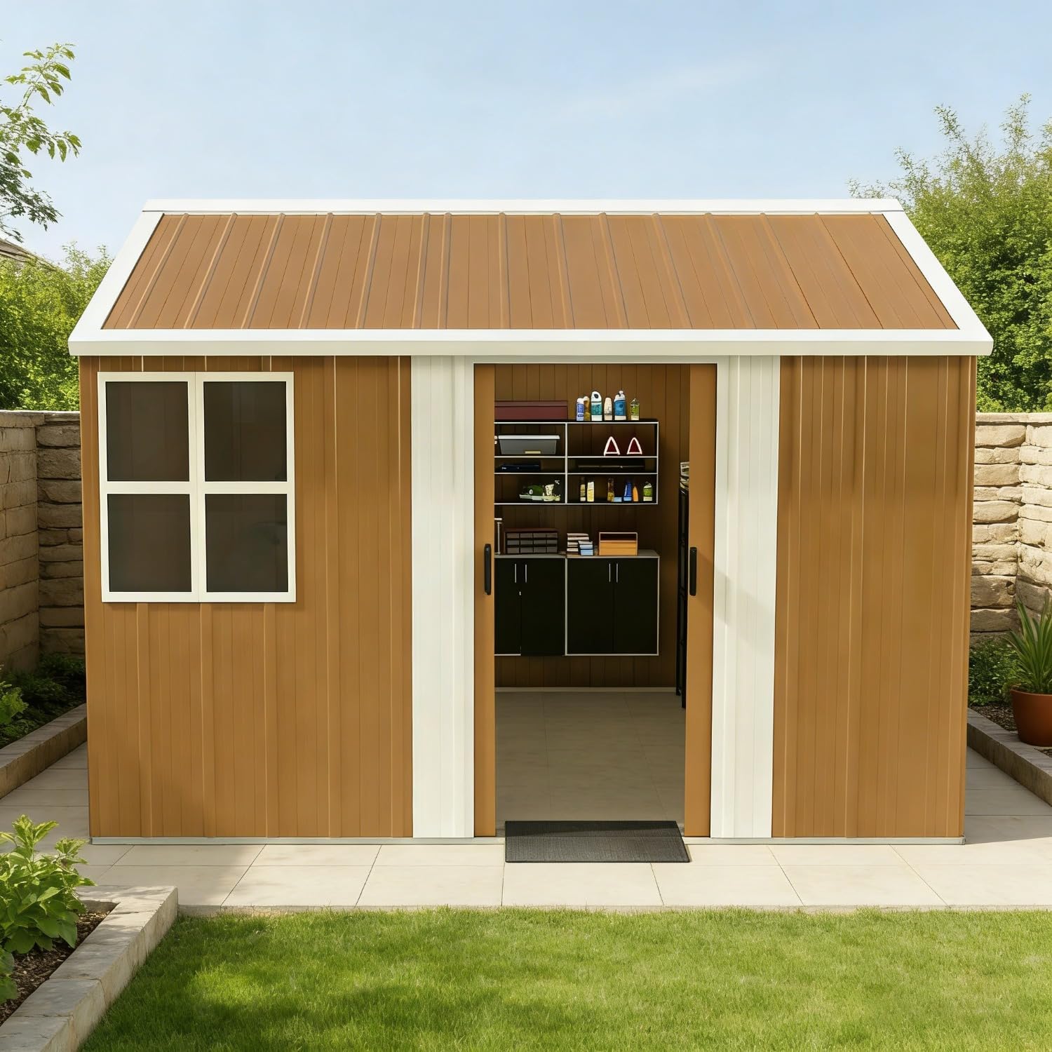 8x10 FT Outdoor Storage Shed, Heavy-Duty Metal Garden Tool Shed with Top Ventilation Structure, Lockable Doors & Windows, Ideal for Backyard Garden Patio Lawn, Tool Organization