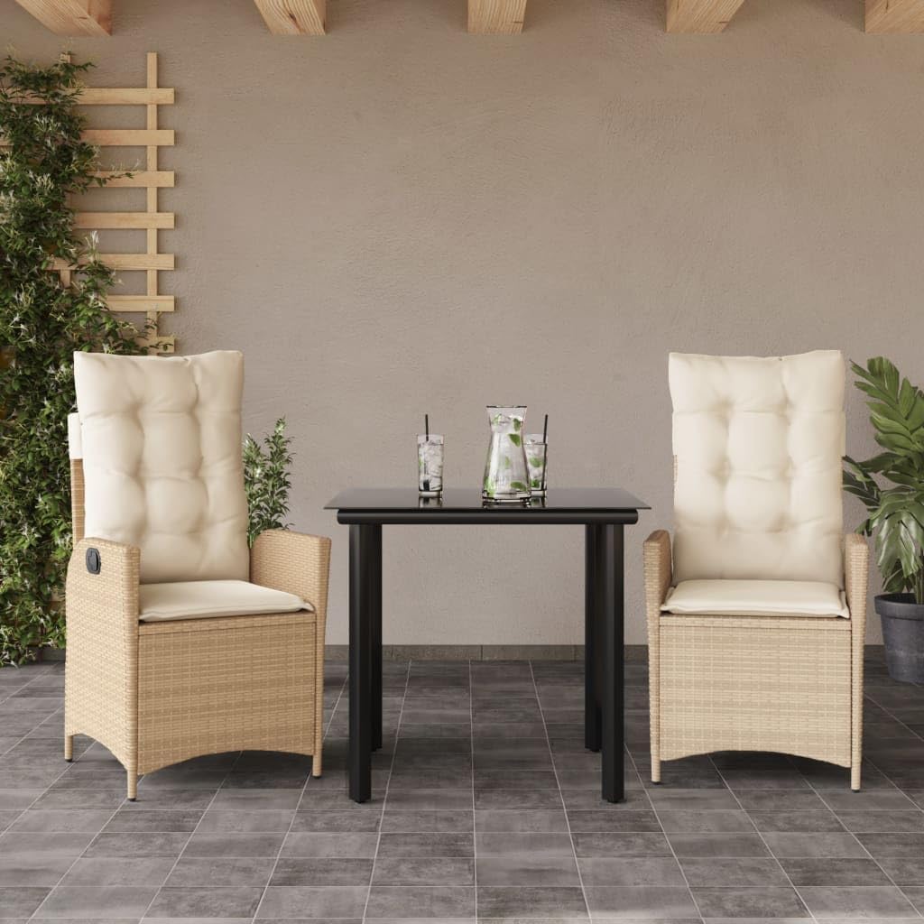 Furniture Sets 3 Piece Patio Dining Set with Cushions Beige Poly Rattan,Versatile Garden Dining Set with Adjustable Reclining Chairs for Outdoor Relaxation and Entertainment Garden Conversation Sets