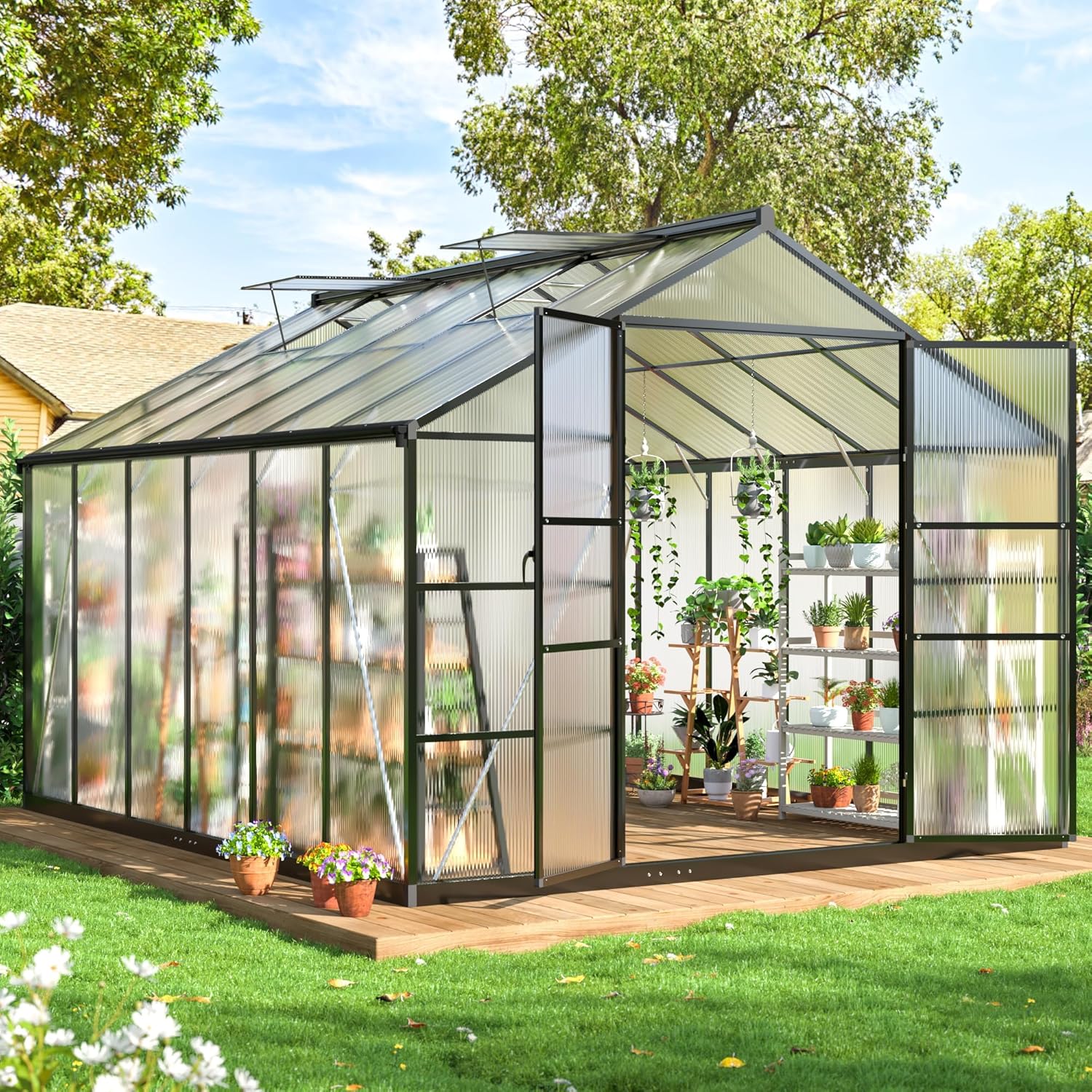 WKM 10x12 FT Polycarbonate Greenhouse, Enhanced Aluminum Frame Greenhouses for Outdoors Withstands Strong Wind or Snow with Roof Vent, Walk-in Green Houses for Outside Garden Backyard, Black