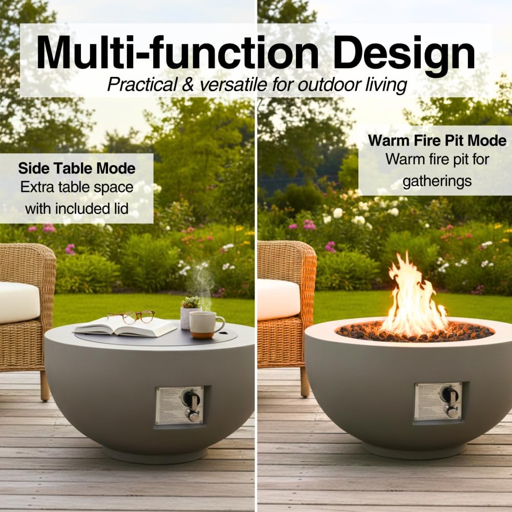 28-inch Round Outdoor Propane Fire Pit Table, 40,000 BTU Light Concrete Fire Bowl with Free Lava Rocks, Rain Cover and Lid for Patio, Garden, Deck