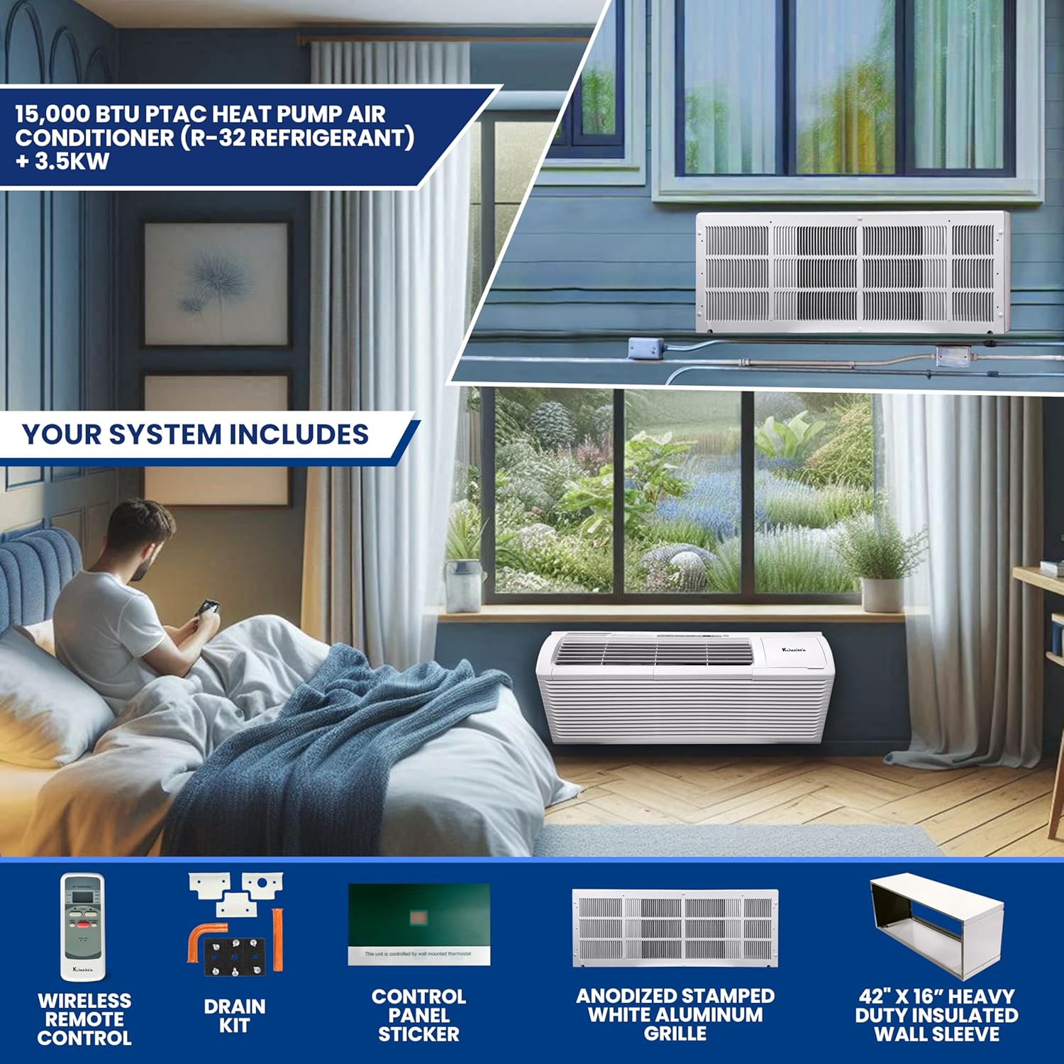 Klimaire 15,000 BTU PTAC Heat Pump A/C R-32 Wi-Fi Enabled with 3.5kW Electric Heater, Remote, Sleeve, Grille, Drain Kit - 230V