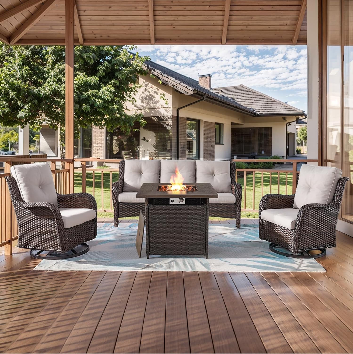 HUMMUH Patio Furniture with Fire Pit 4-Piece Wicker Outdoor Sectional Couch and Swivel Rocking Chairs, Propane Fire Pit Conversation Set for Garden, Backyard, Deck