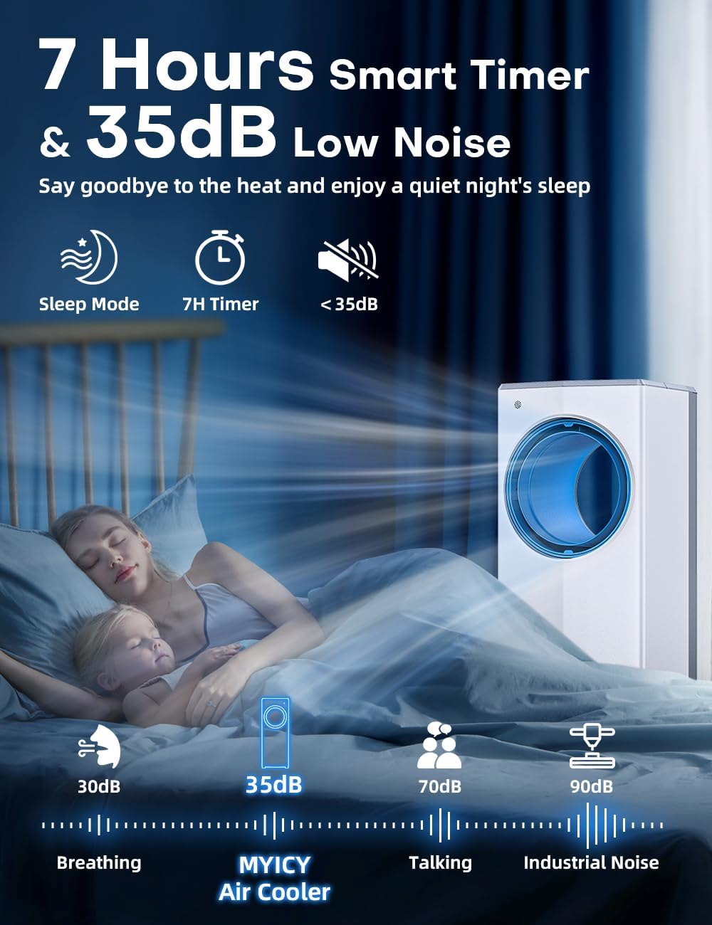 27 INCH Evaporative Air Cooler, Bladeless Windowless Air Conditioners w/4 Modes & 3 Speeds, 1 Gallon Double Tanks for 12H Cooling, 360°Auto Swing, 20ft Remote Control,7H Smart Timer, 4 Ice Packs