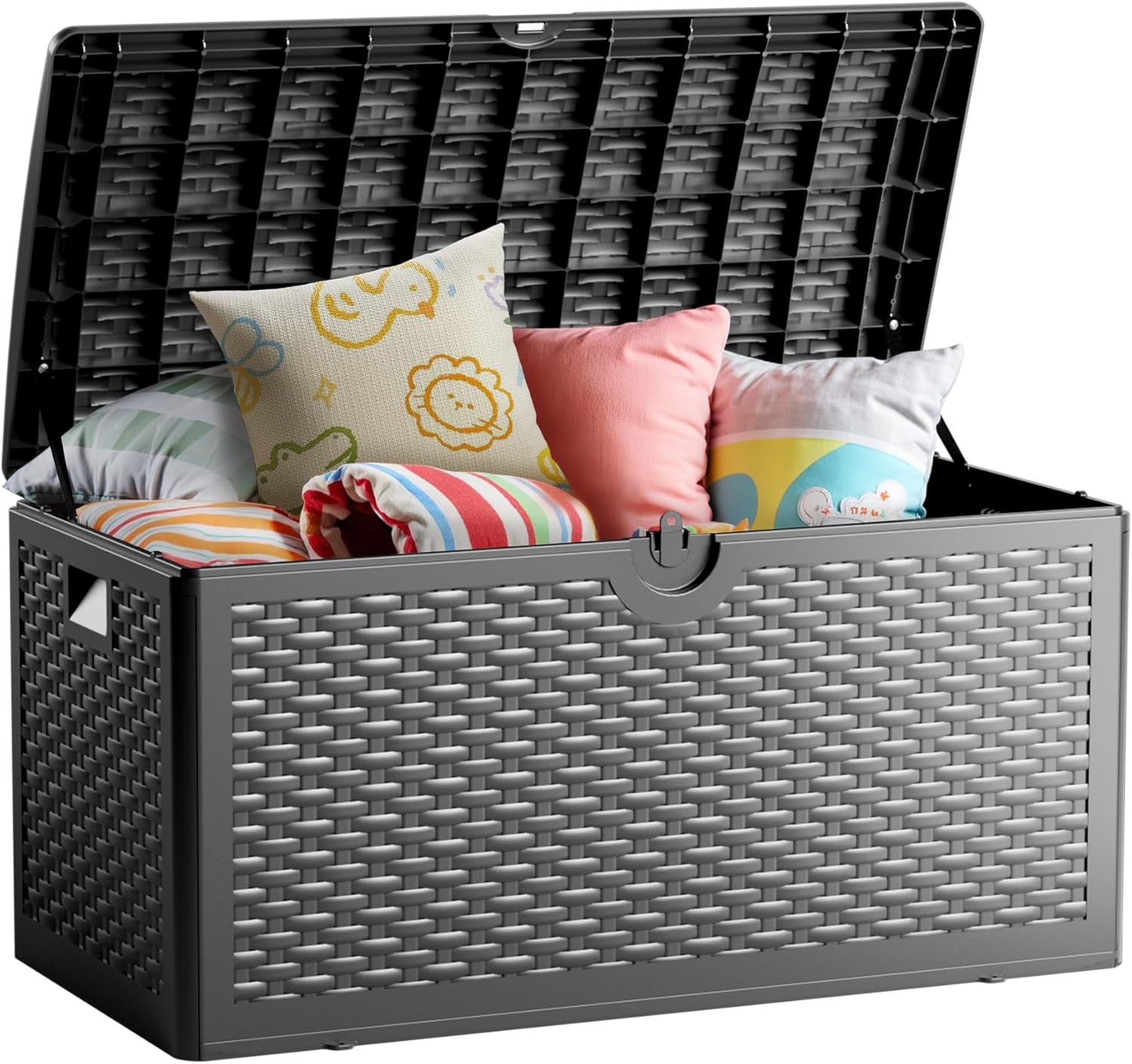 80 Gallon Deck Box, Double Layer Waterproof Resin Outdoor Indoor Storage Box, Lockable & UV Resistant Storage Bin for Patio Furniture, Garden Tools, Pool Accessories (Black)