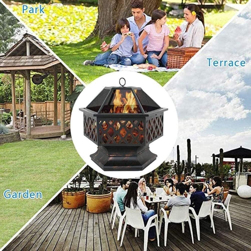 Fire Pits Outdoor Wood Burning Outdoor Fire Pits Portable Metal Fire Pit Hexagon Design Fireplace Stove, with Mesh Screen Cover Fireplace Stove with Cover BBQ Cooking for Outside Camping Backyar