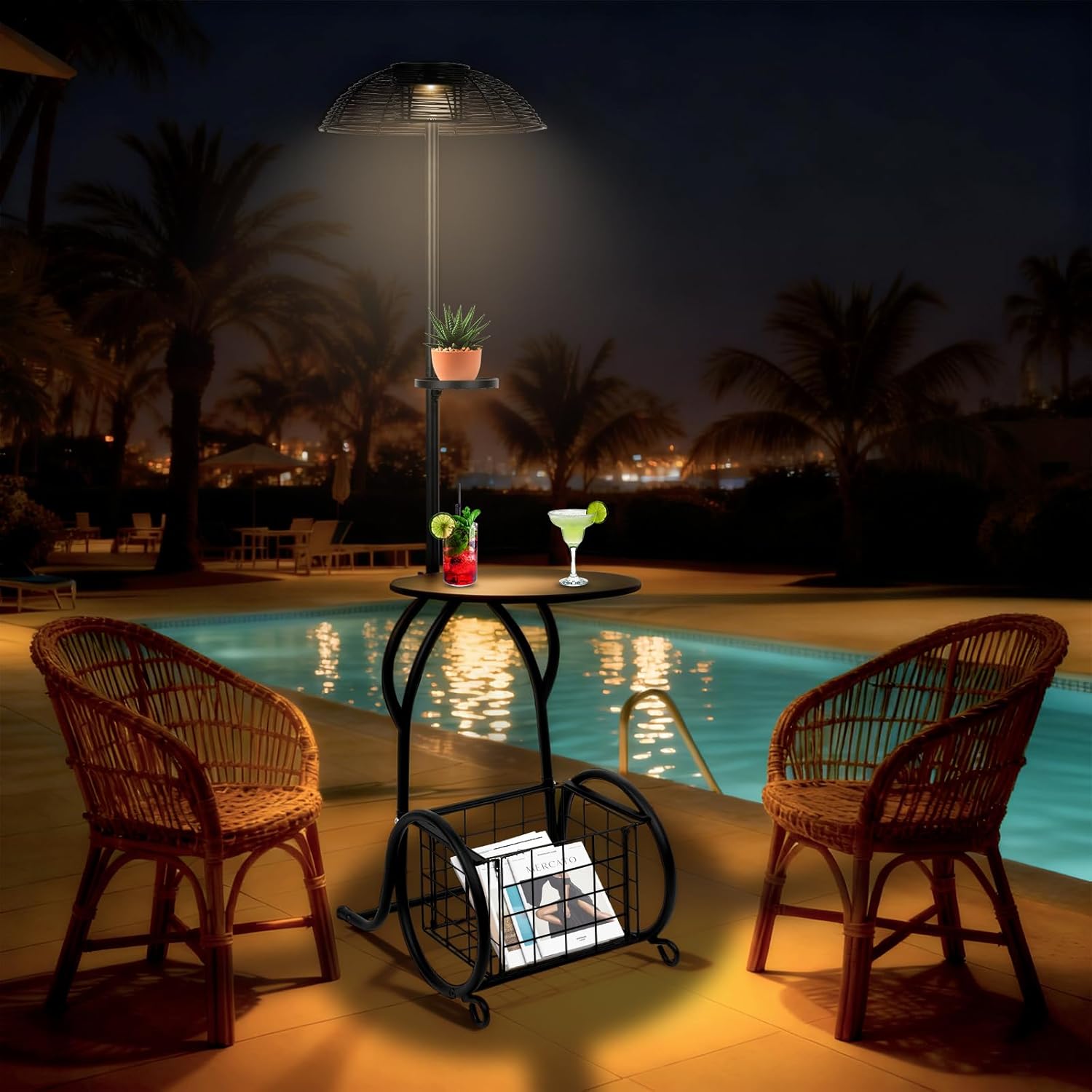 Solar Outdoor Coffee Table with Light Black Iron 52.5'' Waterproof Coffee Tables for Living Room End Tables Solar Floor Lamp with Plant Stands for Outdoor Patio Porch Backyard Poolside Decoration