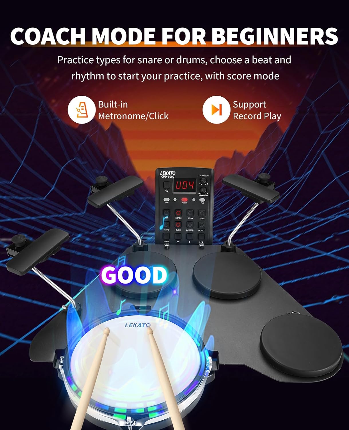 LEKATO Electronic Drum Set, Portable Electric Drum Set for Beginner with Quiet Mesh Snare Drum Pads, 220+ Sounds, USB MIDI, 2 Switch Pedal, Electric Drum Kit with Sticks, Travel Bag