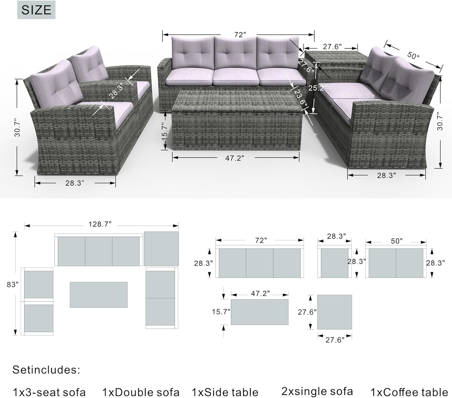 Direct Wicker Gray Aluminum 7-Person Outdoor Seating Group with Cushions and Firepit
