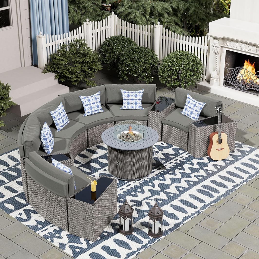 UDPATIO Patio Furniture Set with Fire Pit Table,Fully Assembled Outdoor Sectional Sofa,Half-Moon Curved Modular 11 Pieces Heavy Duty Wicker Furniture Set with Coffee Table,Cover for Porch,Grey