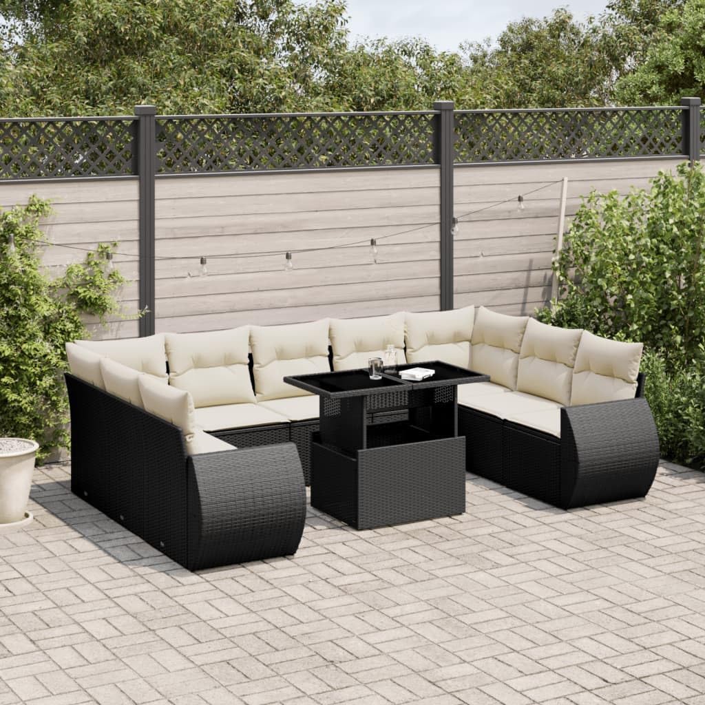 10-Piece Garden Sofa Set, Black PE Rattan, Cream White Cushions, Modular Outdoor Patio Furniture with Tempered Glass Table, Balcony Dining Seating for