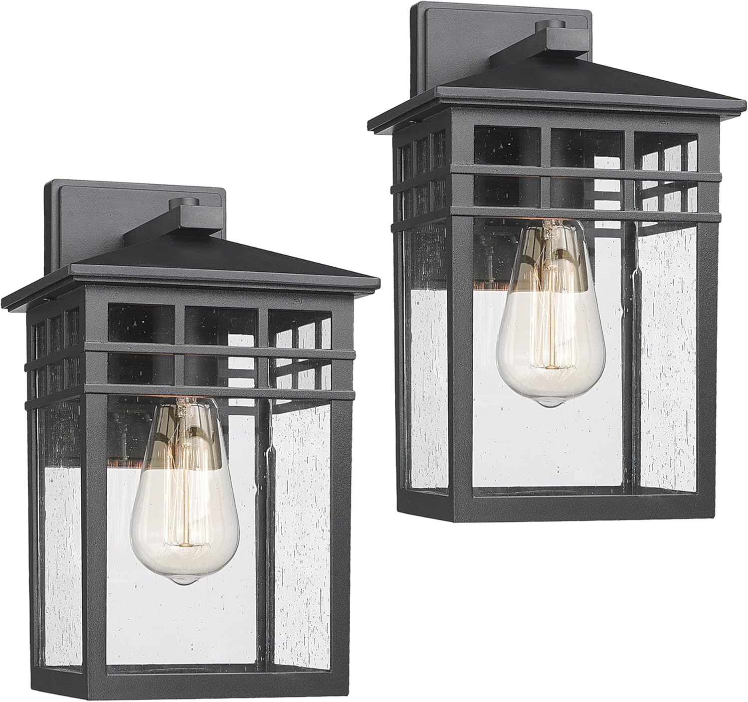 Outdoor Light Fixture Wall Mount, Modern Exterior Lights Fixture Wall Sconces with Seeded Glass for Front Porch, Farmhouse Waterproof Black Carriage Lantern Lamp Outside for Home, Garage, 2 Pack