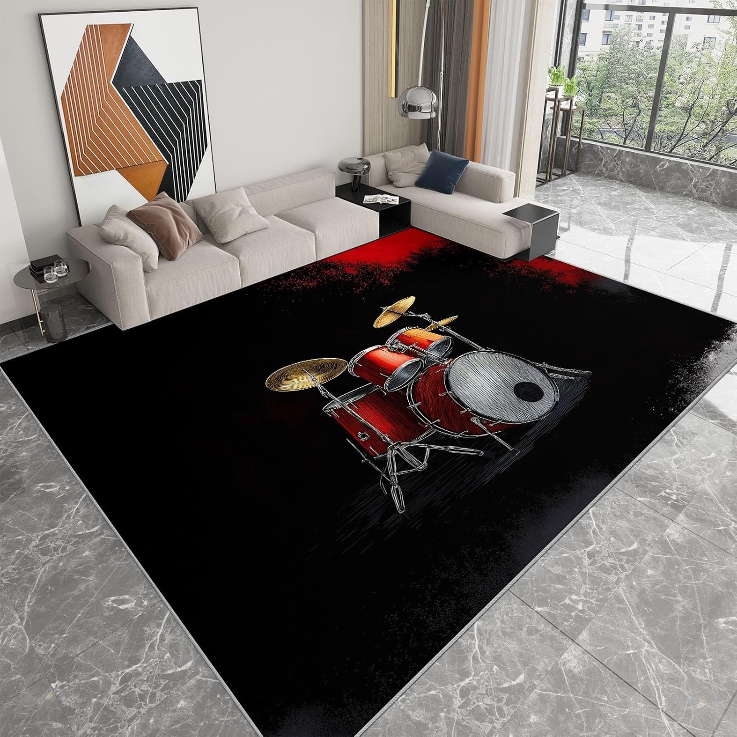 4x6 ft Area Rug for Bedroom, Washable Rugs for Living Room, Musical Instruments Drum Kit Notes Indoor Faux Wool Kids Rug Black Throw Carpets Soft Low Pile Mat for Bedside Entryway