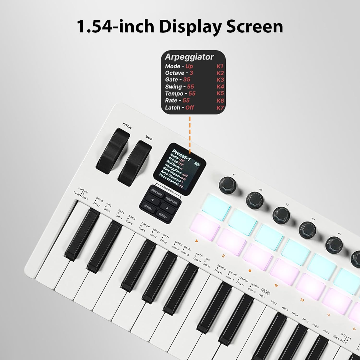 37-Key MIDI Keyboard Controller Music Production Controller MIDI Piano Keyboard Drum Pads with 16 RGB Drum Pads 8 Knobs 4 Faders Synthesizer Engine for Music Production