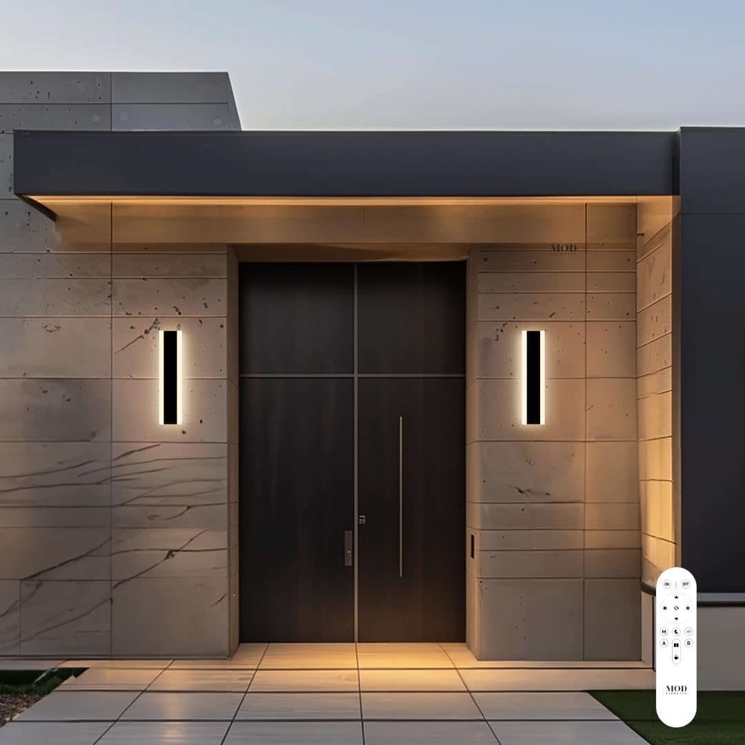 𝗠𝗢𝗗 𝗟𝗜𝗚𝗛𝗧𝗜𝗡𝗚 Haylen | Waterproof Outdoor Wall Light, LED Dimmable with Remote 3000K-6000K, Long Outdoor Porch Lights, Wired Lighting Fixture, Patio Exterior Wall Sconce, 1-Pack (Black, 12