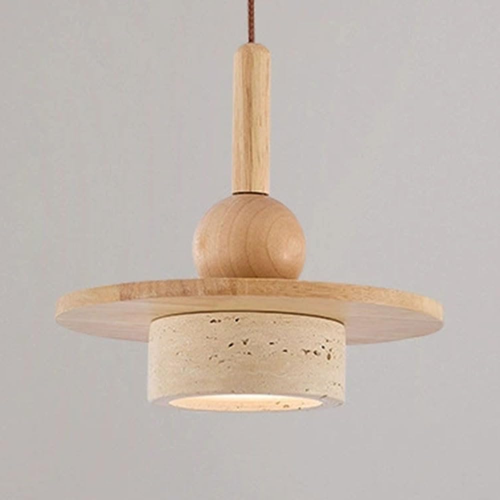 Natural Cave Stone Light for Kitchen Island Wood Pendant - Dining Room Yellow Travertine Modern Fixtures Walnut Accent Lighting Fixtures for Dining Room, Entryway, Foyer - 1Pack