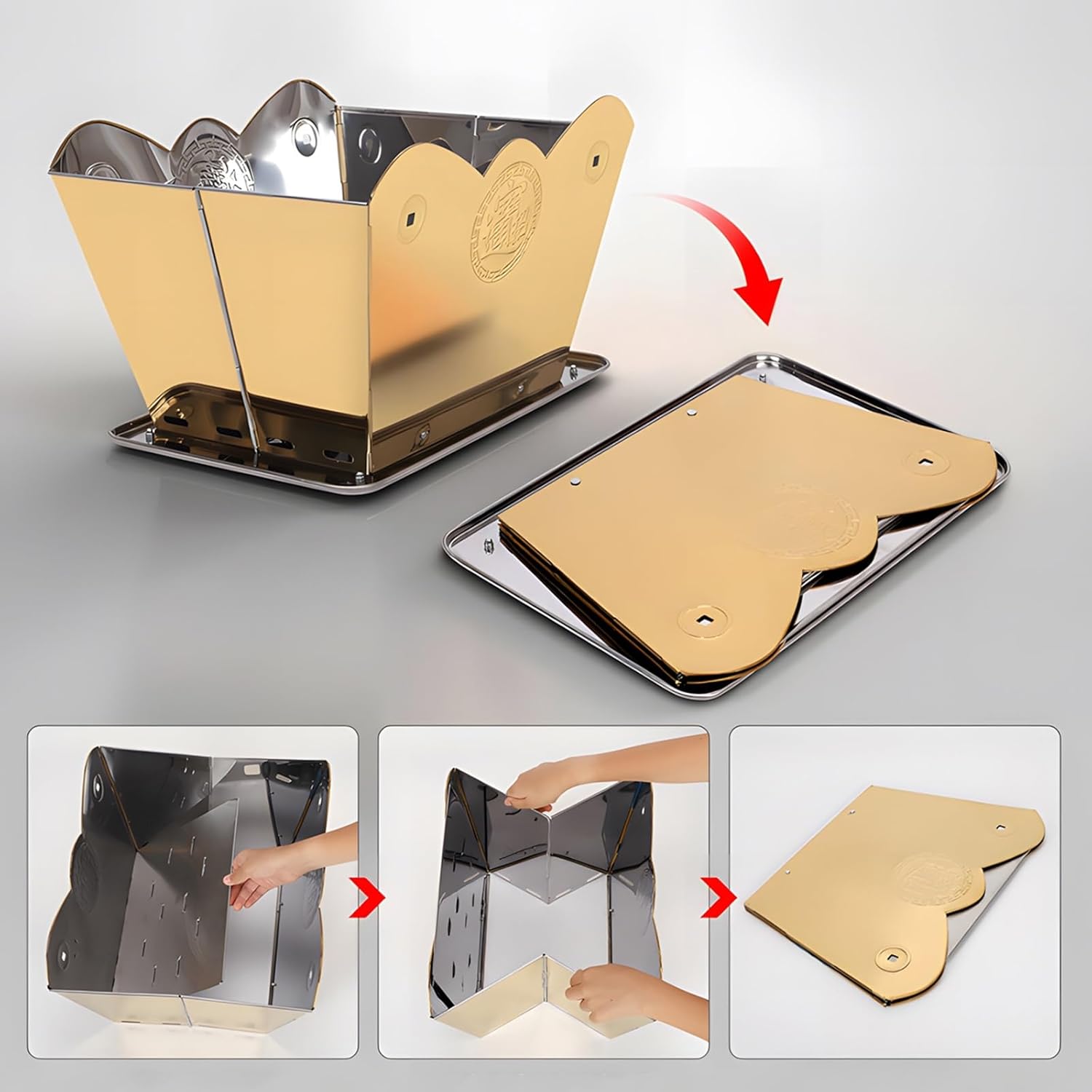 Burn Barrels for Outside for Burning Trash, Fire Pit, Foldable Metal Barrel for Ancestor Money Waste Garden Leaf Wood(Gold,Large)