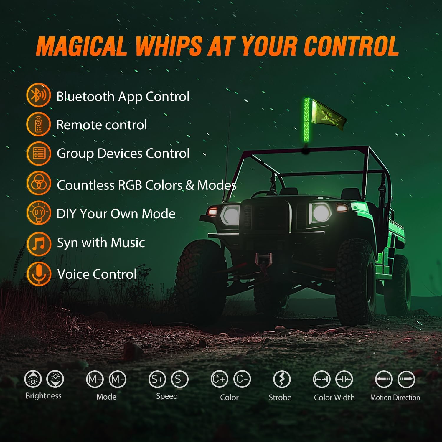 Nilight LED Fat Whip Light 1PC 2FT RGB Lighted Antenna Whips with Remote & App Control DIY Chasing Patterns Brake Reverse Lights for ATV UTV Polaris RZR Can-am Dune Buggy Pickup Trucks Jeep