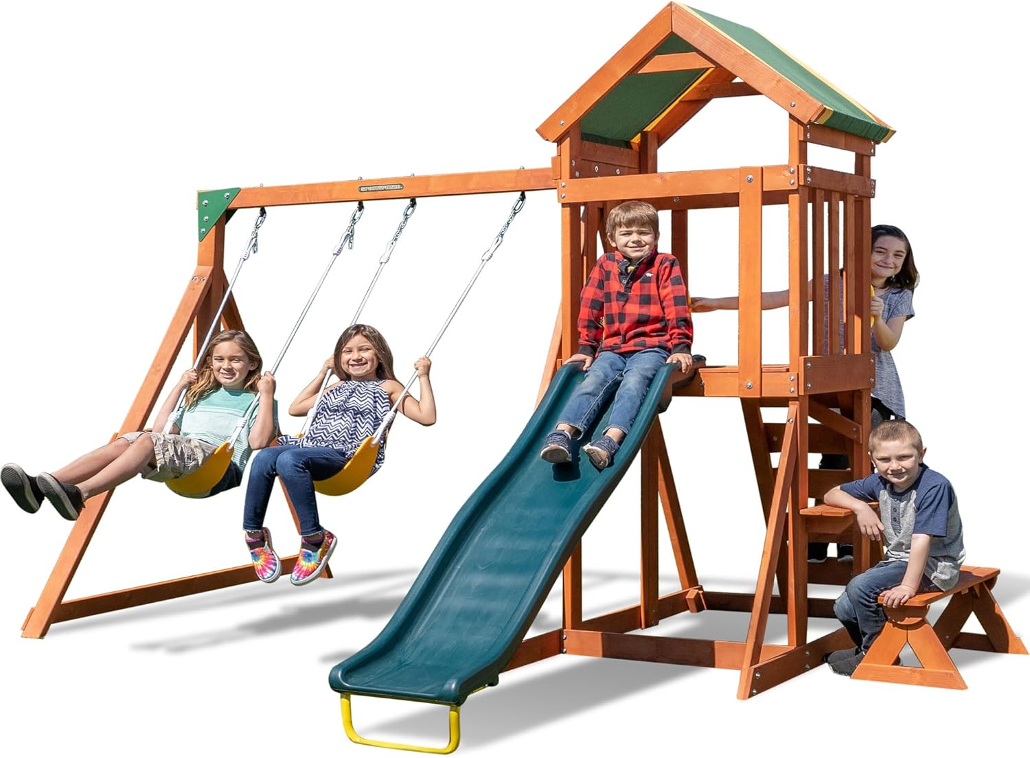 Sportspower Scottsdale Wood Swing Set: 2 Adjustable Swings, Sandbox, Rock Climber, Covered Deck, 1 Slide - Exceeds ASTM Safety Standards