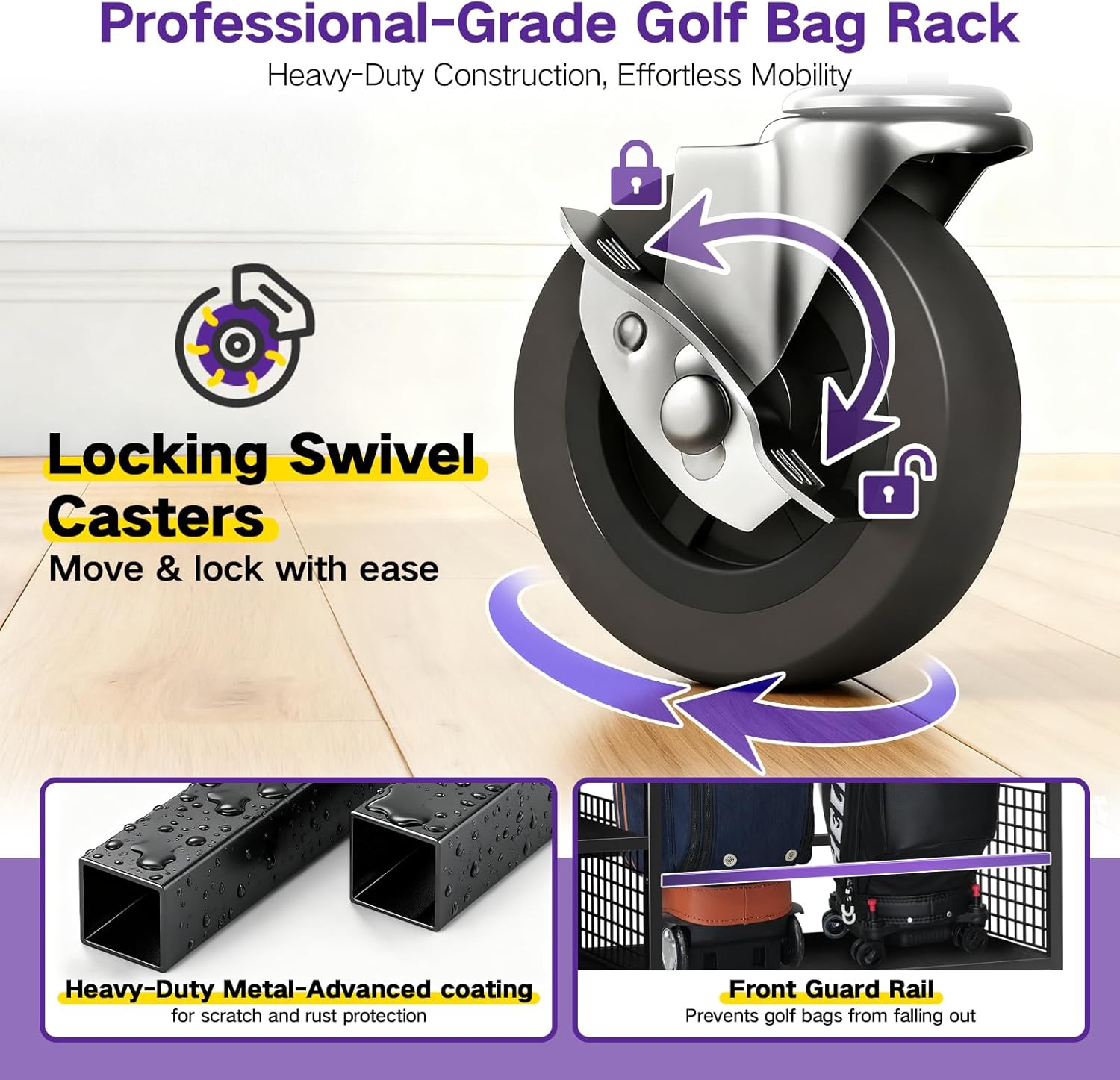 Golf Bag Storage Garage Organizer, Golf Bag Storage Stand and Other Golfing Equipment Accessories Rack, Golf Bag Storage Rack with Wheels, Golf Organizer for Home, Garage, Club, Shed, Basement