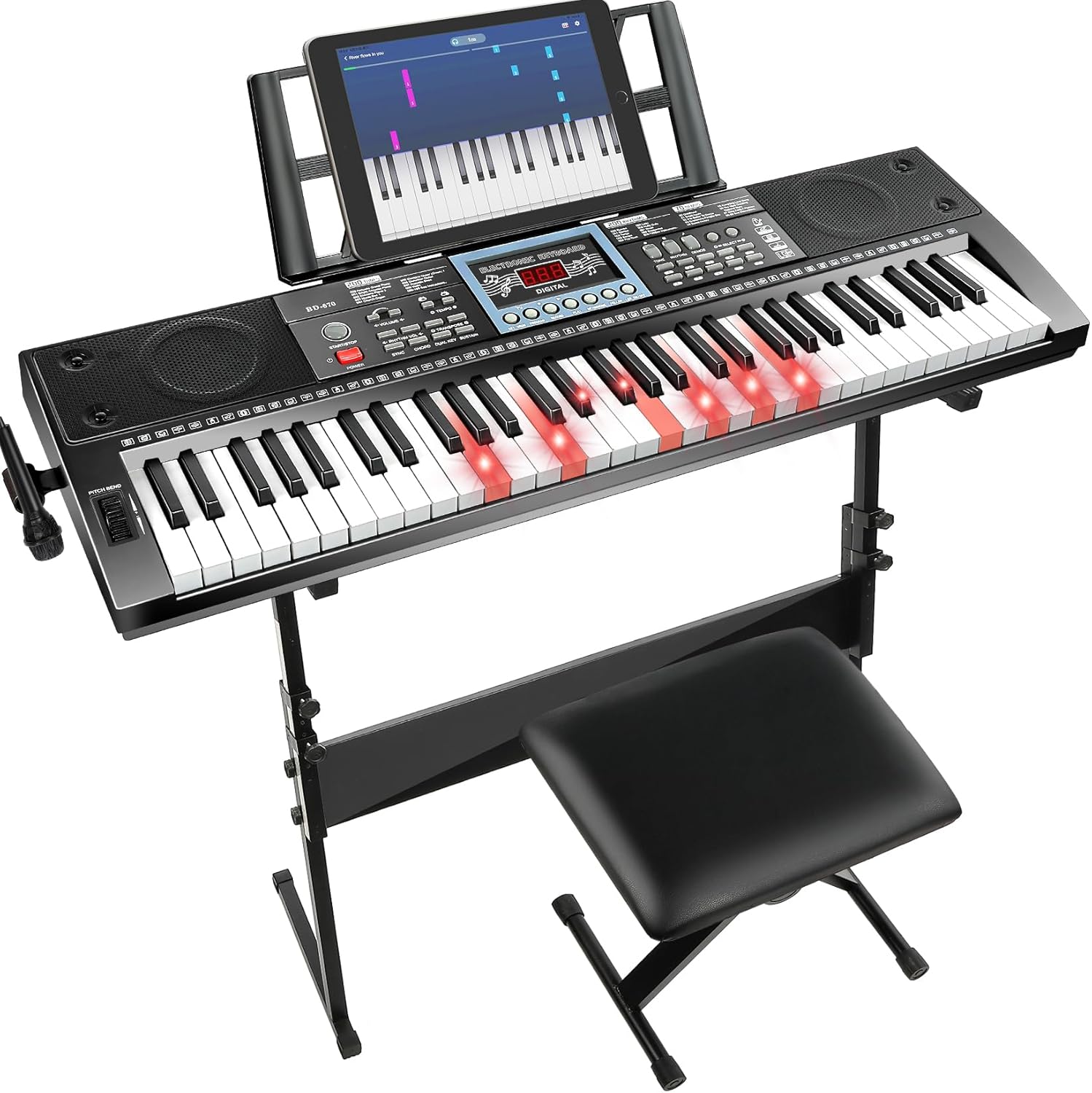 61 Key Keyboard Piano for Beginners w/Stand Bench, Dual Power Mode, Lighted Keys in Follow Mode, 70 Demos, 200 Tones/Rhythms, Pitch Bend Metronome Sustain Sync Chord Dual Key Key Drum Program