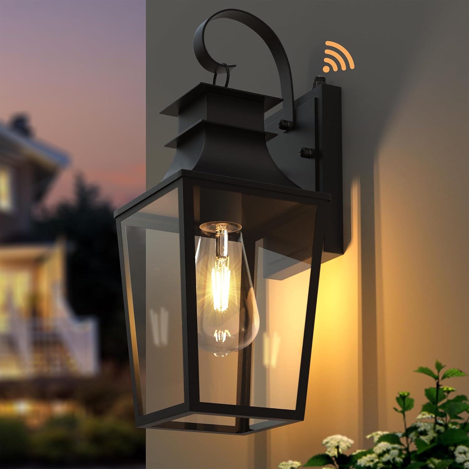 𝟏𝟔 𝐈𝐍𝐂𝐇 Outdoor Wall Light Fixtures, Dusk to Dawn Outdoor Lighting Wall Mount with E26 Sockets & Clear Glass Shades, Waterproof Exterior Black Porch Lights for Front Door Garage Patio