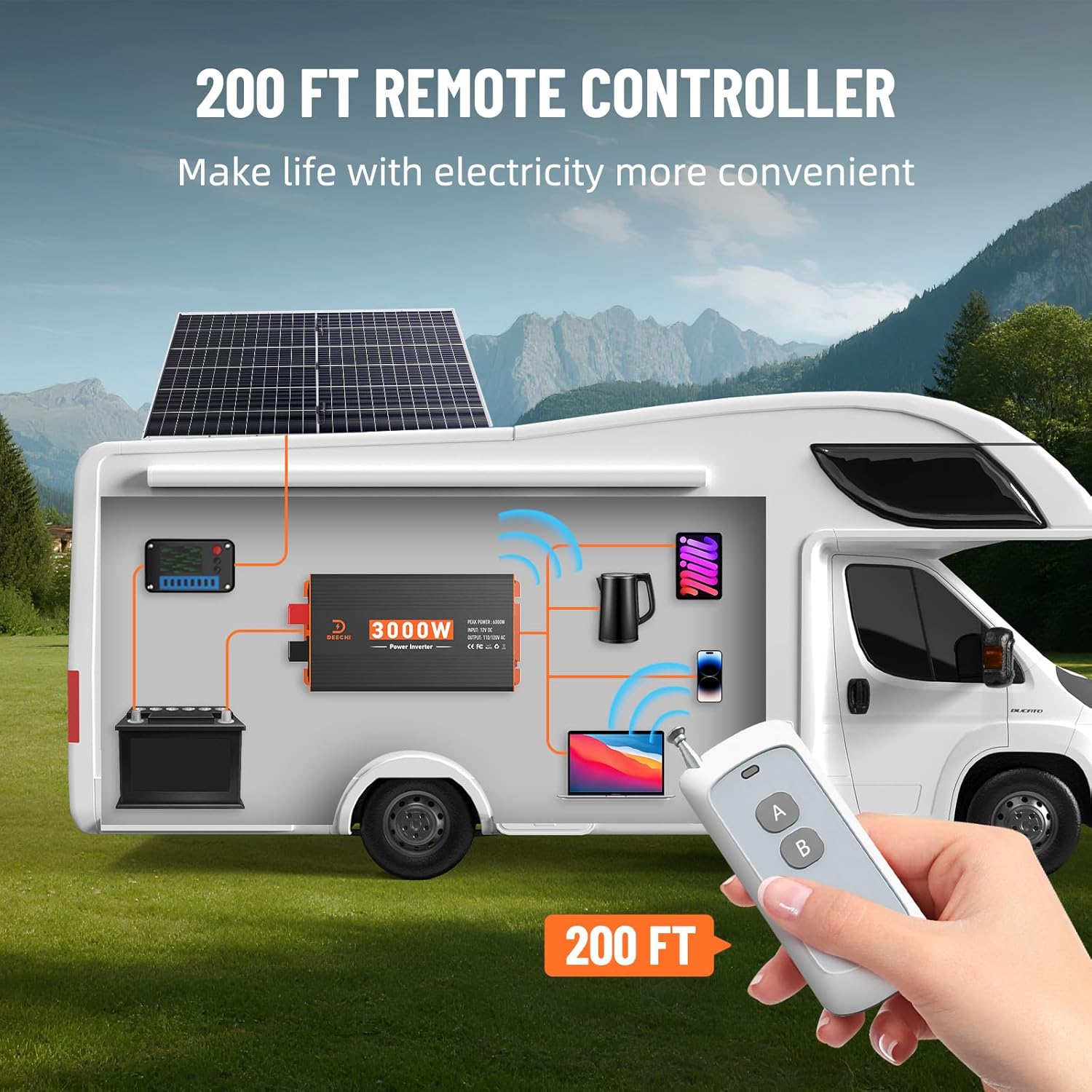3000W Power Inverter 12V DC to 110V/120V AC Converter for RV/Truck/Boat/Camping/Off-Grid Solar Car Power Inverter Peak Power 6000W with 3 AC Outlets,USB & Type-C Port, Remote Controller & LCD Screen