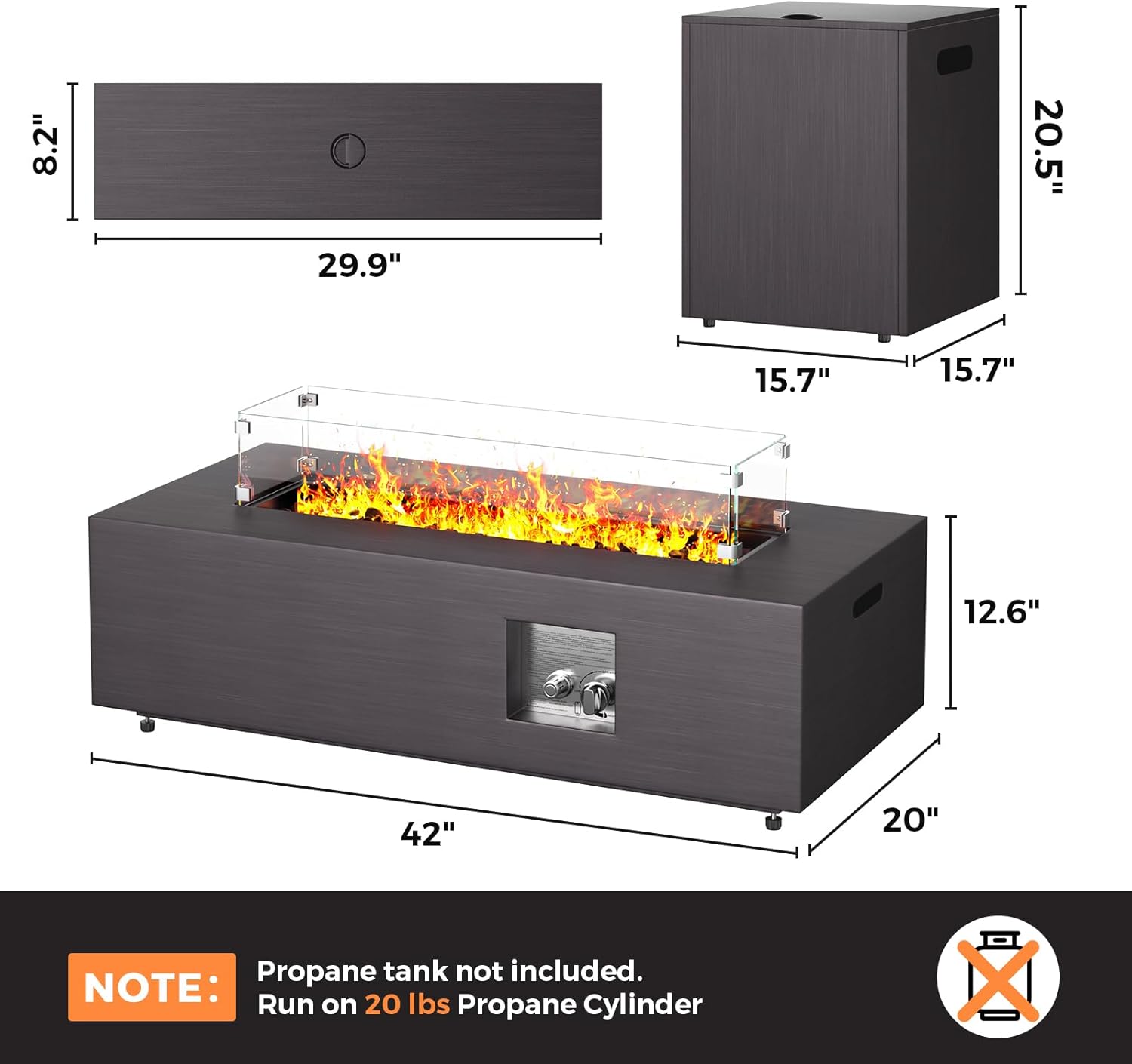 42” Rectangular Fire Pit Tables 2-Piece 50,000 BTU Outdoor Propane Gas Fire Pit with Wind Guard, Waterproof Cover, Lava Rocks for Outside Patio Backyard