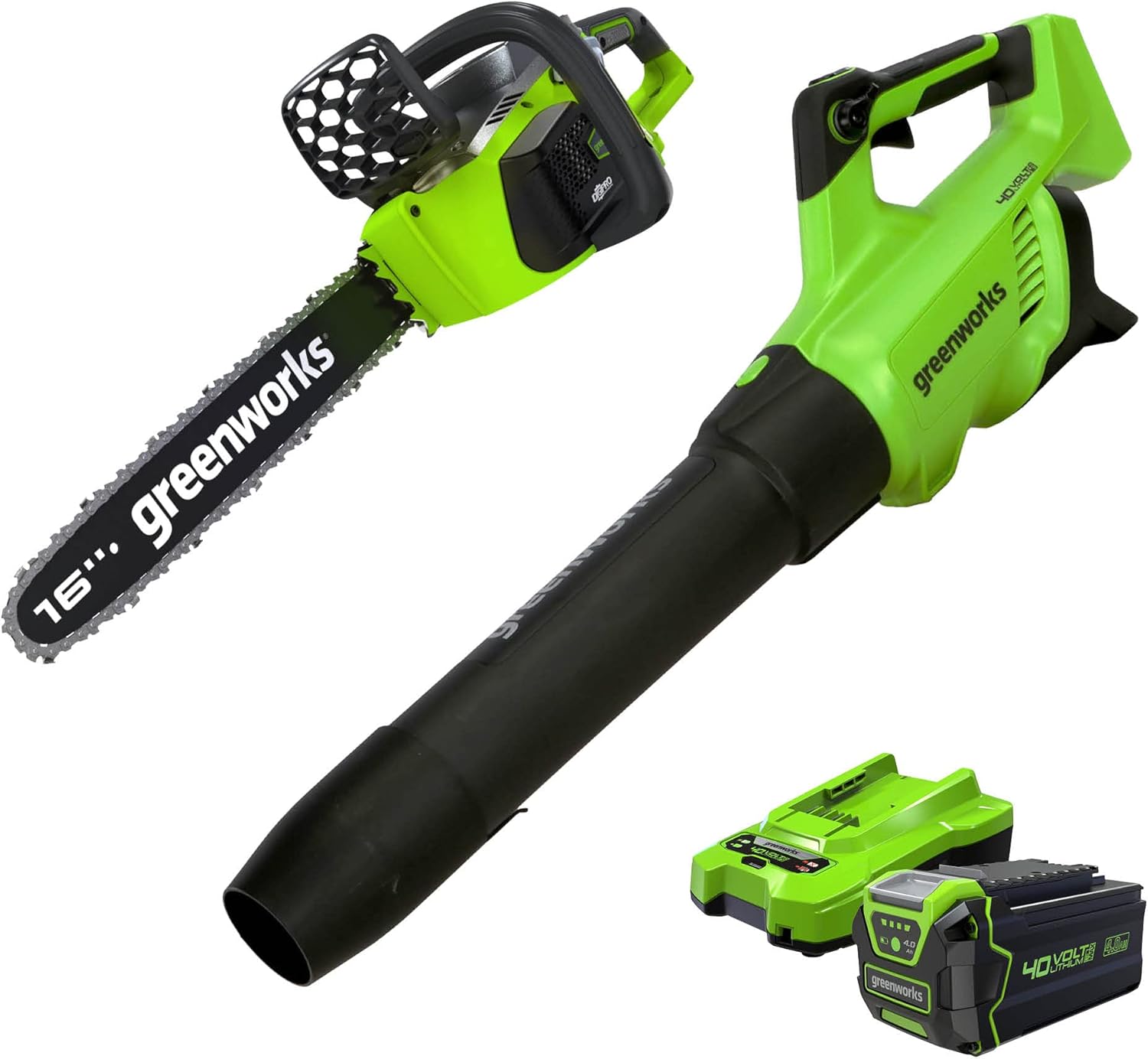 Greenworks 40V 16-inch Chainsaw with 4Ah USB Battery (Power Bank) and Standard Charger
