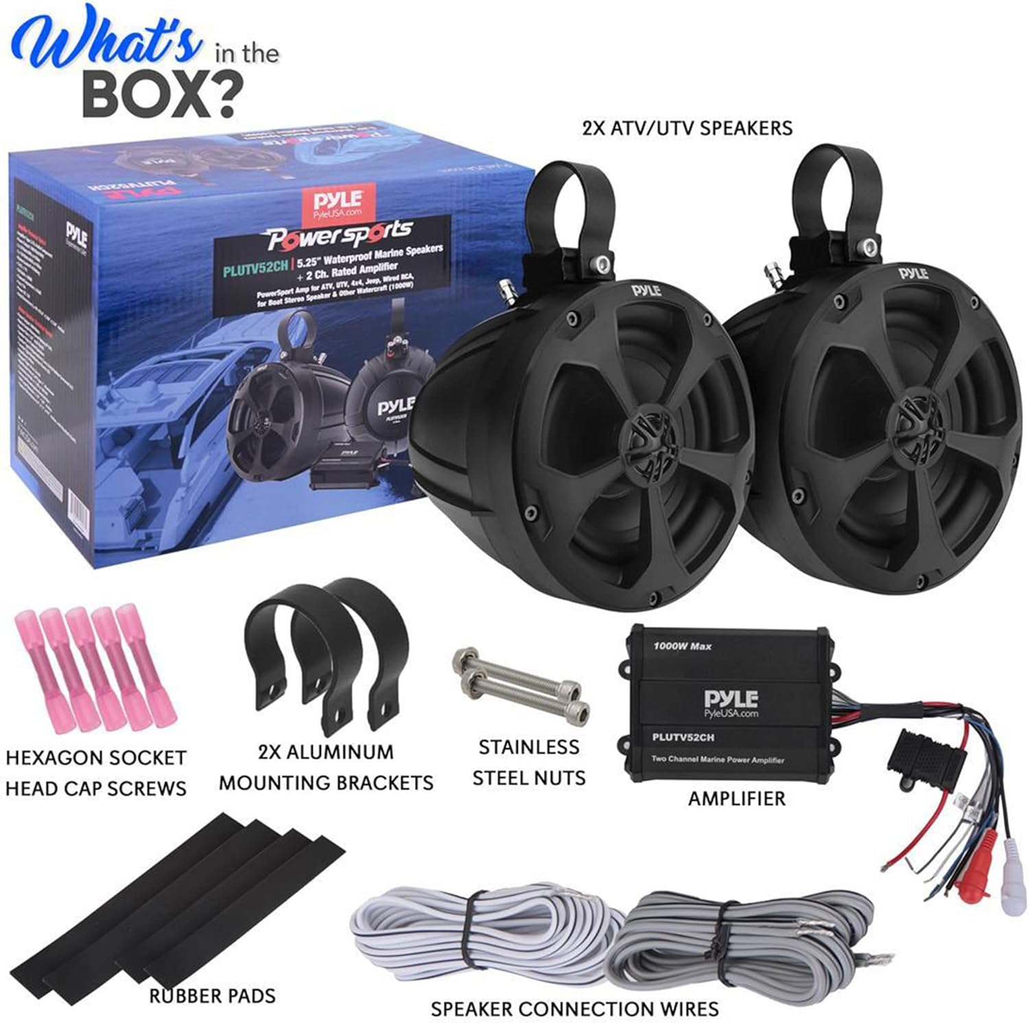 PYLE, Marine Speakers, Boat Speakers, 1000W 5.25 Inch, Waterproof Off-Road System, 2-Channel Amp, Full Range Stereo, ATV/UTV/Jeep, Includes Mounting Brackets & Wiring, IP-X45 Rated, PLUTV52CH
