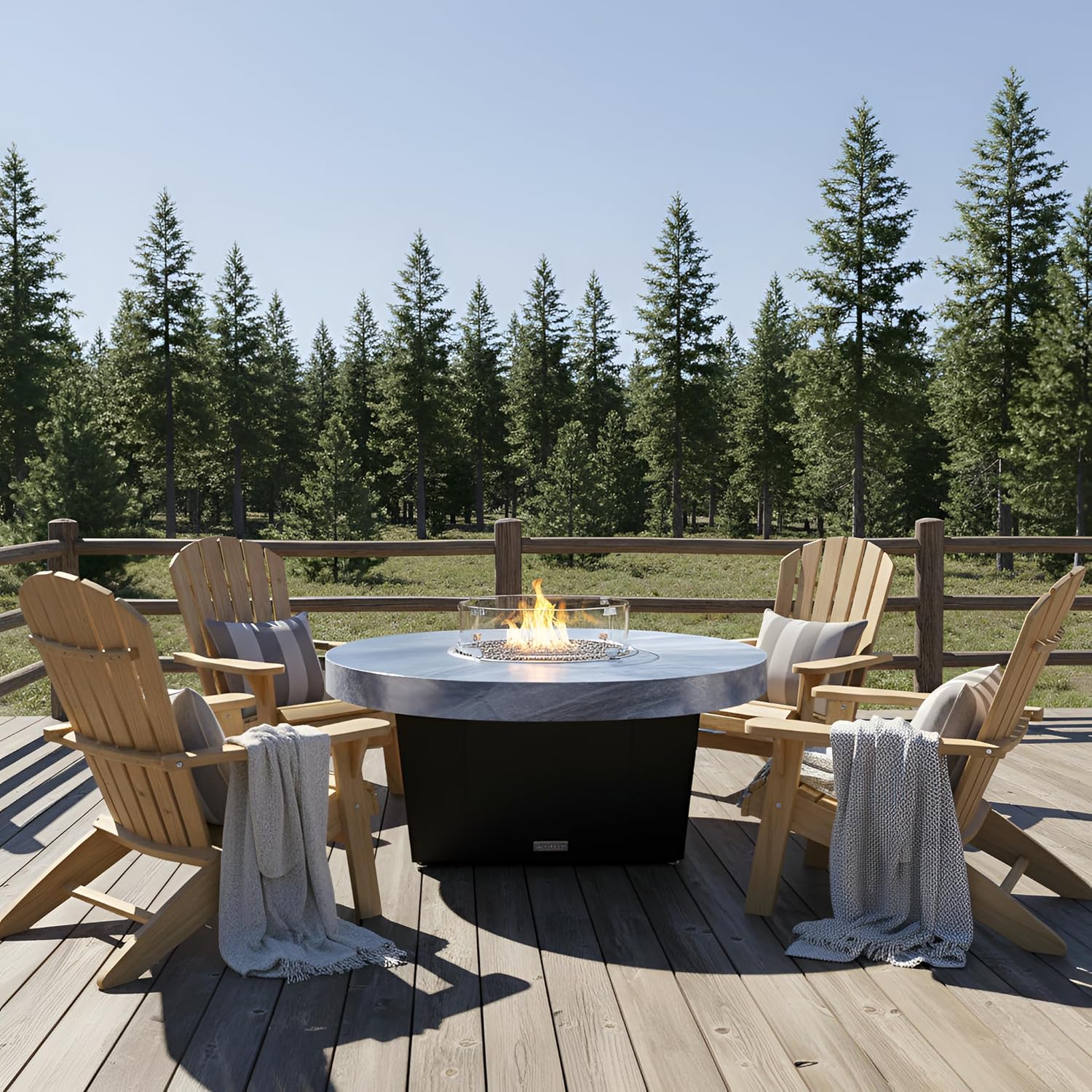 COOKE Parkway Circular Fire Pit Table - 48 Diam - Natural Gas - Brushed Aluminum Top - Black Powdercoat Base