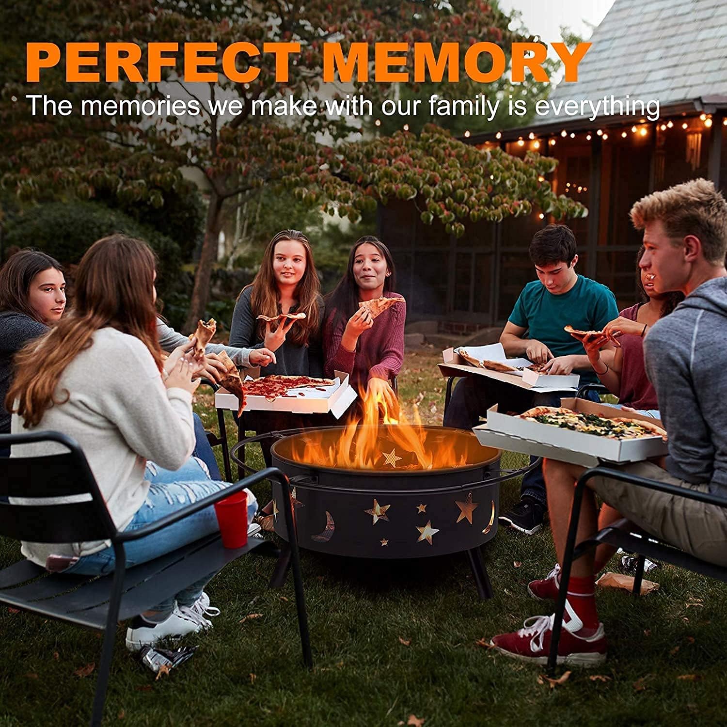 Round Outdoor Fire Pit, Large Wood Burning Fire Pit w/Spark Screen, Wrought Iron Bonfire Fire Pit for Party, BBQ, Heating, Patio, Garden