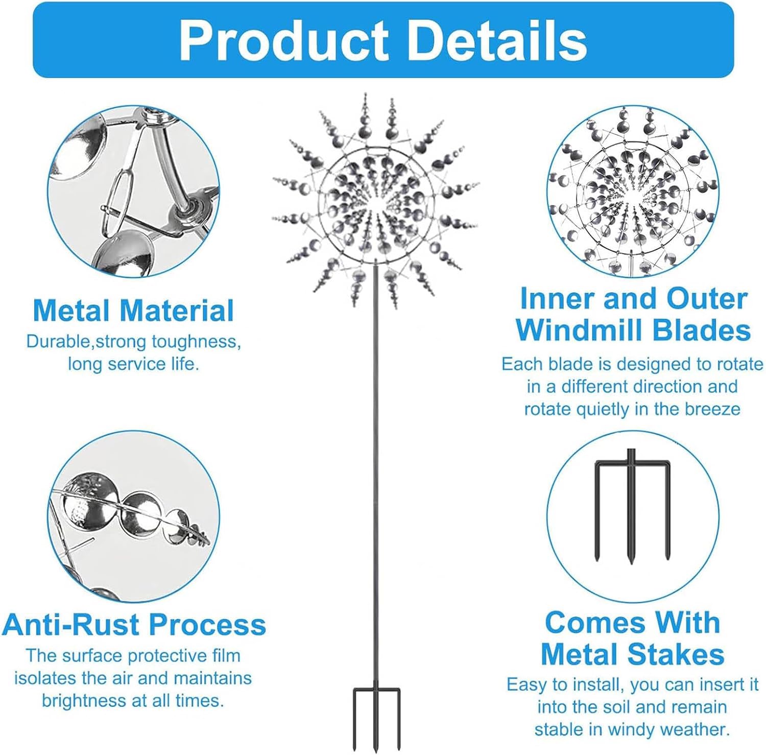 Solar Magical Metal Windmill, Wind Spinner 3D Wind Powered, 13.4 x 71in Lawn Spinners,Gold