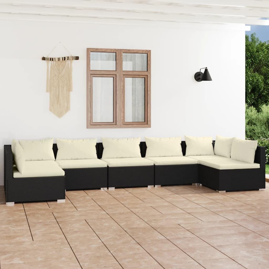 7 Piece Patio Lounge Set with Cushions Poly Rattan Black,Premium Rattan Patio Lounge Set with Removable Cushions for Outdoor Comfort Patio Furniture, Outdoor Furniture Sets