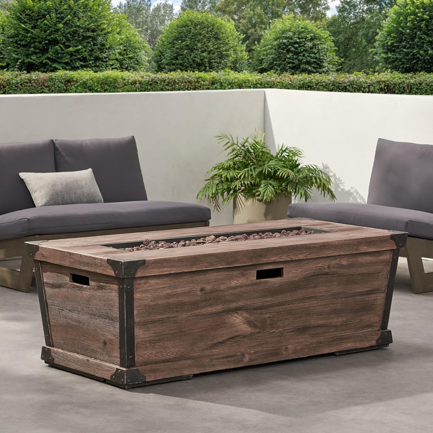 Penau Outdoor Patio Concrete Fire Table - Rectangle Gas Burning 56-Inch Fire Pit, 50,000 BTU, Wood Pattern - Brown (Tank Cover Not Included)