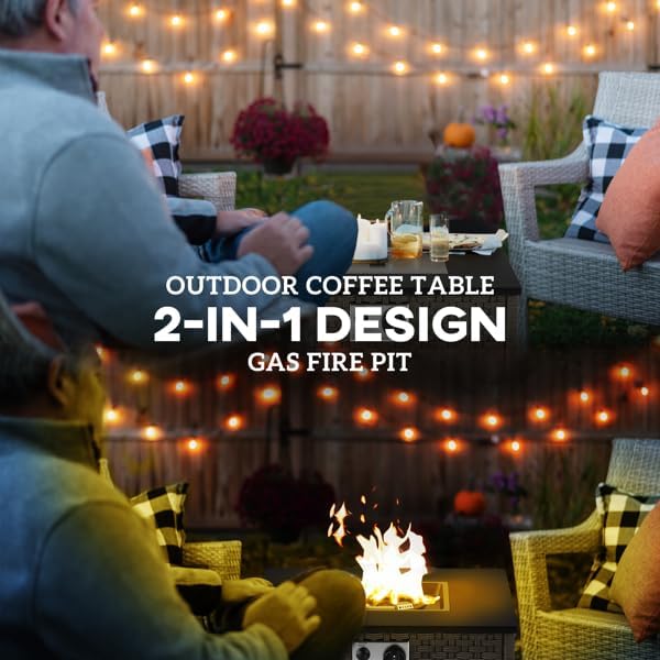 Outdoor Propane Fire Pit Table,2-in-1 Gas Fire Pit with Lid, 13KW Heat Output, Three-Strand PE Rattan Woven Firepit for Patio Garden Backyard, Grey