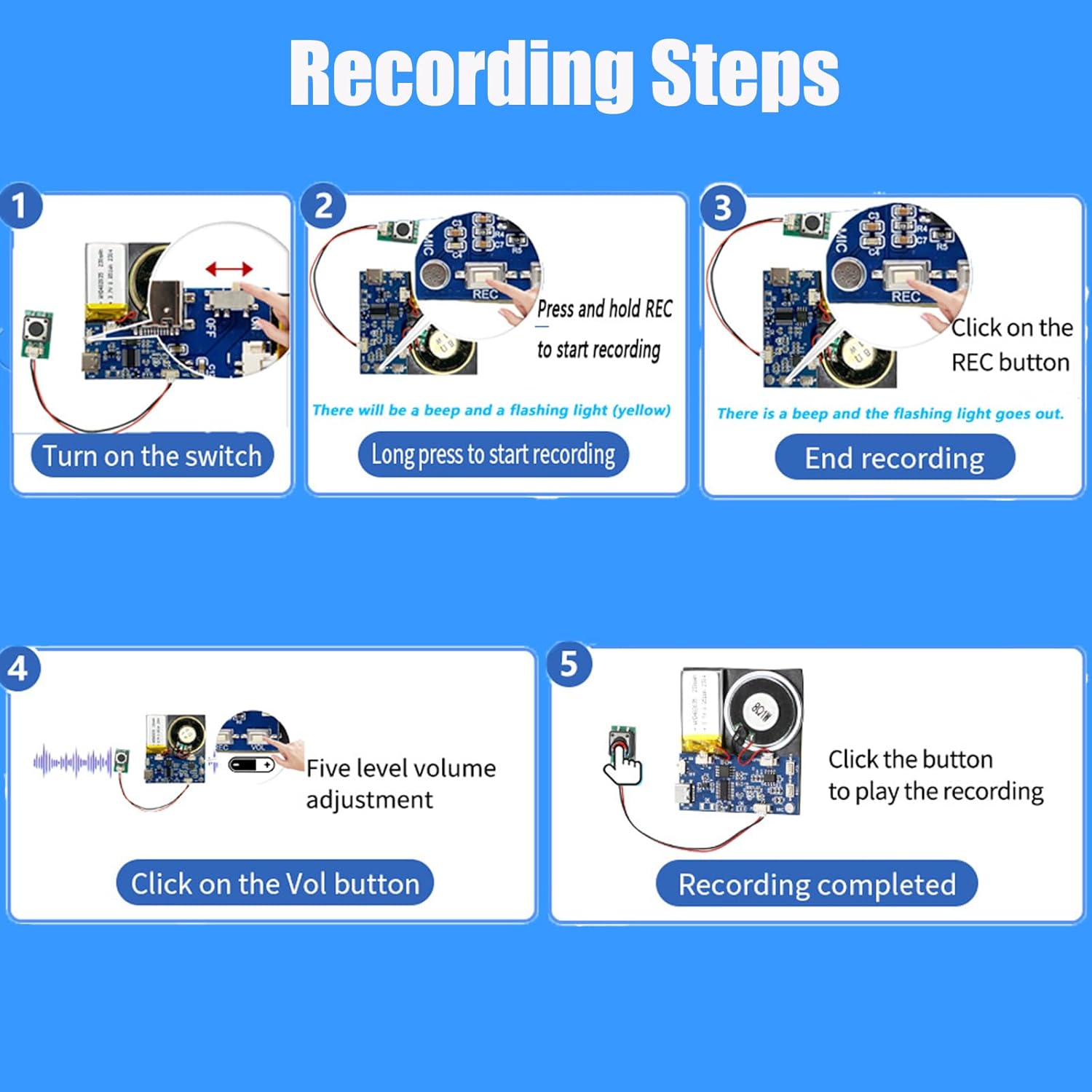 Sound Module, 16MB Push Button Activated Sound Module with Speaker,Type-C Cable Charging, 16Min Easy Sound Recording Chip for Personalized Greetings, DIY Projects, Holiday Crafts ect.(Blue-10Pack)