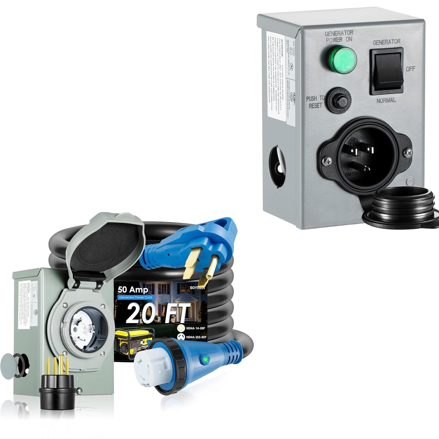 BOYISEN Generator Power Combo: 15A Transfer Switch & 50A Inlet Box with 20FT Cord for Home and RV Backup