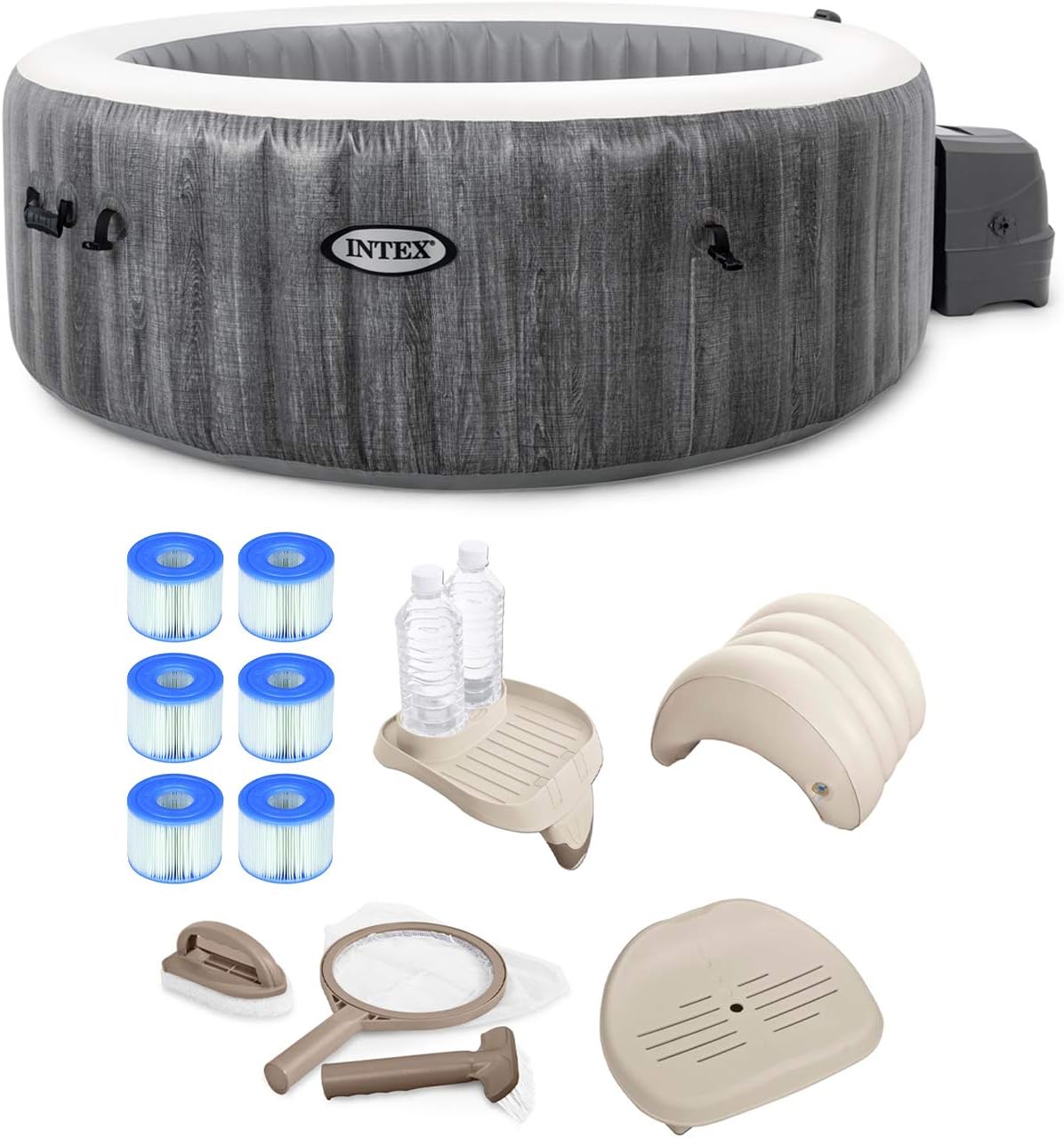 Intex 28439E Greywood Deluxe 4 Person Inflatable Spa Hot Tub with LED Light, Grey Bundled with Type S1 Pool Filter Cartridges, Attachable Cup Holder/Tray, and Inflatable Headrest
