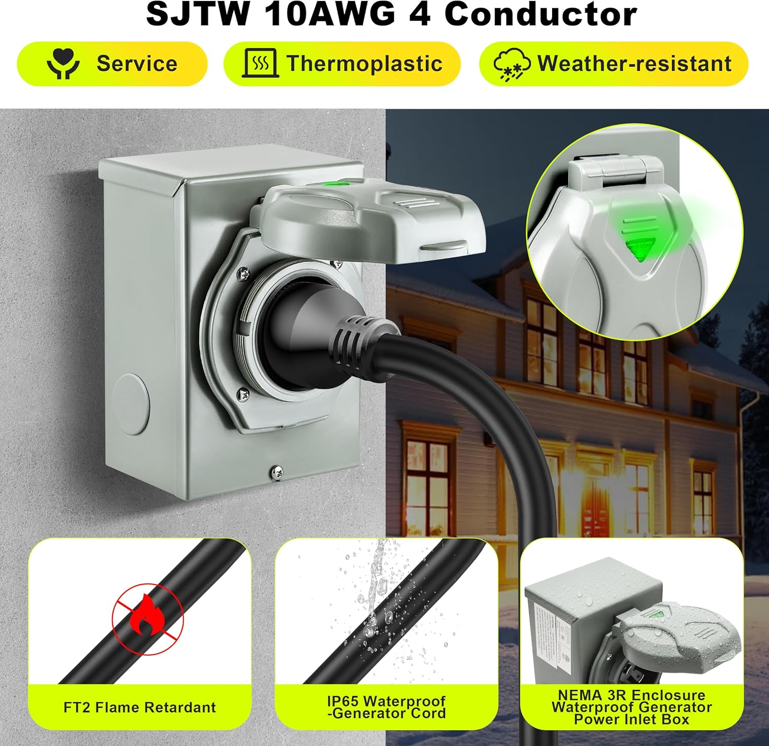 30 Amp Generator Cord and Generator Power Inlet Box Pre-Drilled, Generator Cords 25FT, 30 Amp 125V/250V Generator Power Cord NEMA 14-30P to 14-30R, Twist Locking Connector