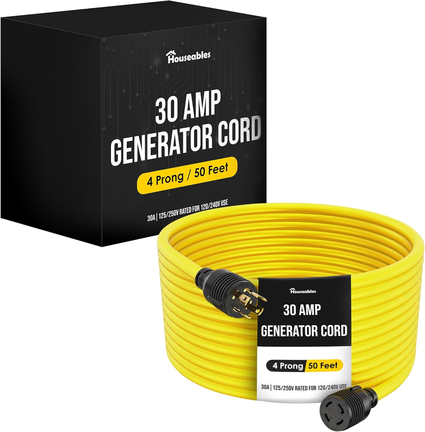 Houseables 30 Amp Generator Cord, Generator Cord, NEMA L14-30P to L14-30R, 30 Amp Extension Cable, 125/250V for 240V Use, 240 Volt, 30amp Power Wire, 4 Prong Plug, Dryer, UL CUL, 10 Gauge, 7500W, 50FT