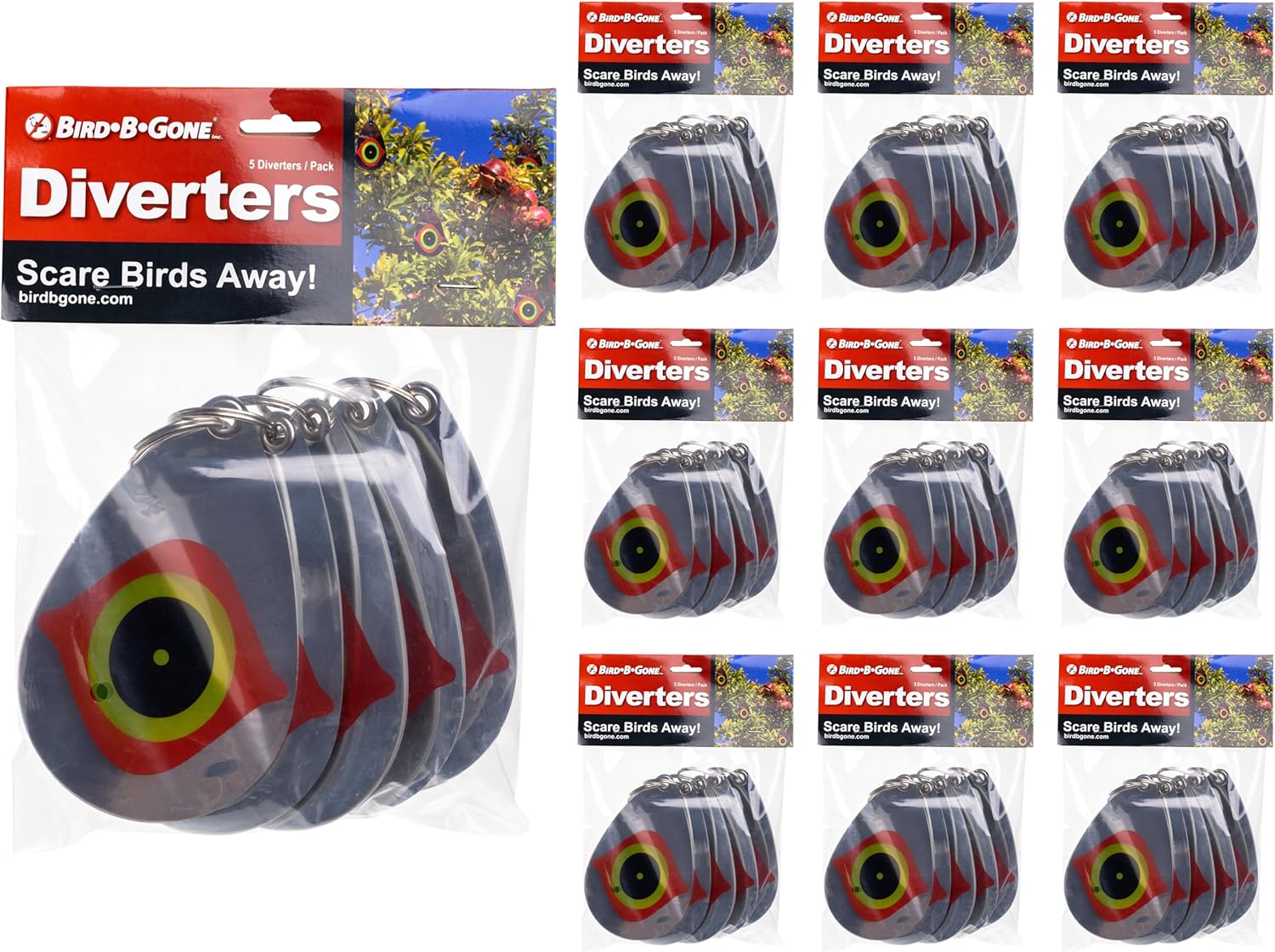 Bird B Gone - Reflective Eye Bird Diverters (10 x 5 Packs) - Foil Deterrent Mimics Predator Eyes - Scares Birds Away - for Trees, Patios, Gazebos, Boats, Etc - Durable Outdoor Plastic - 360° Rotation