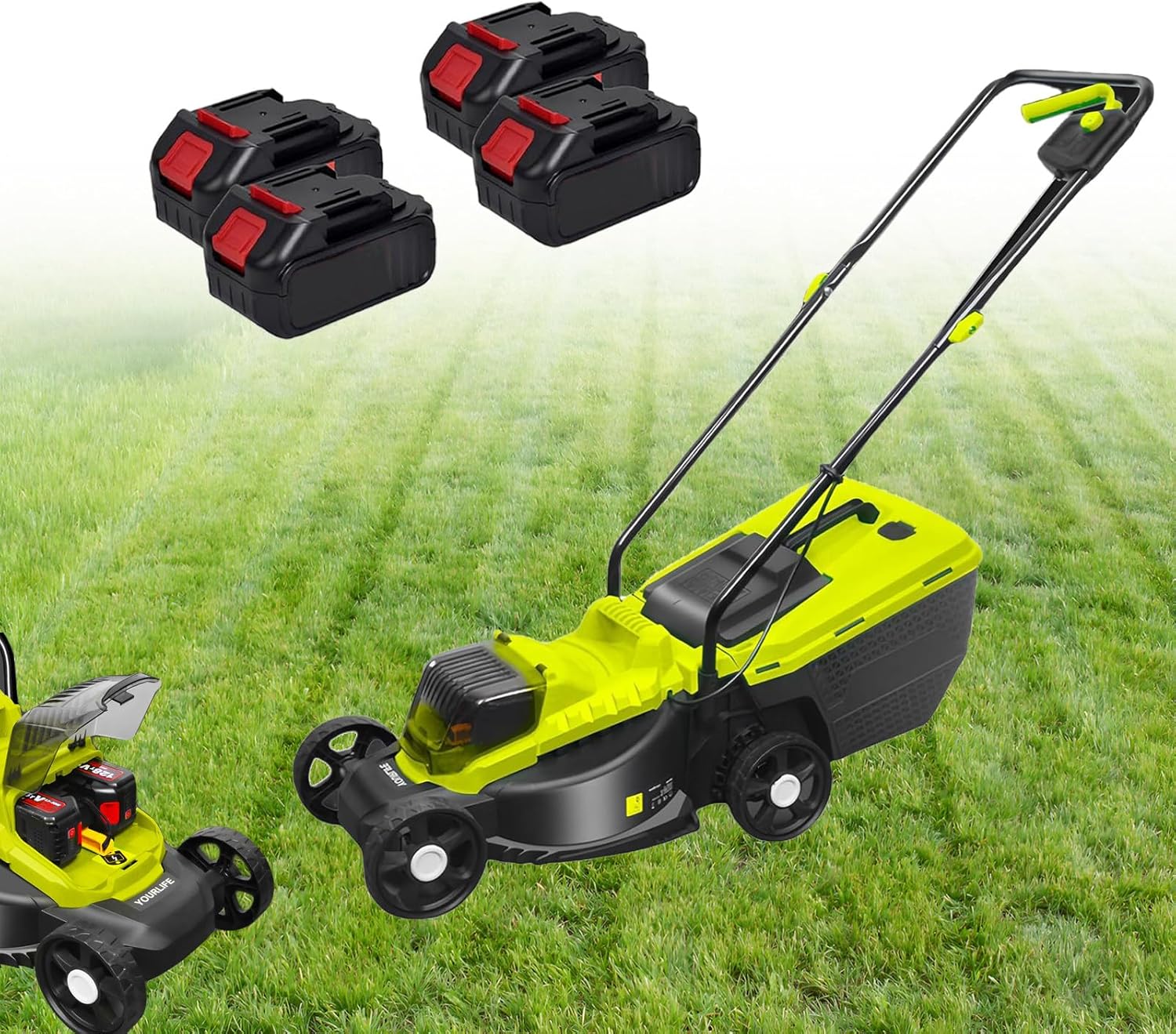 Lawn Mower Battery Powered, 1600W Ultra-Light Push Mower, Self Propelled Electric Lawn Mower, 45Min Runtime, 10.6 Gallon Grass Bag, 30mm/50mm/70mm-Position Height Adjustment,4 Batteries