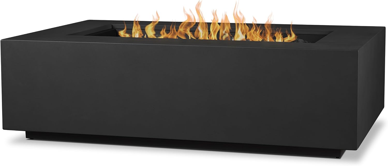 Real Flame Aegean 50in Rectangle Propane or Natural Gas Fire Pit Table, 50,000 BTU, Powder-Coated Steel, Push-Button Ignition, CSA Certified, Lava Rock, Storage Cover, Stainless Steel Burner with Lid