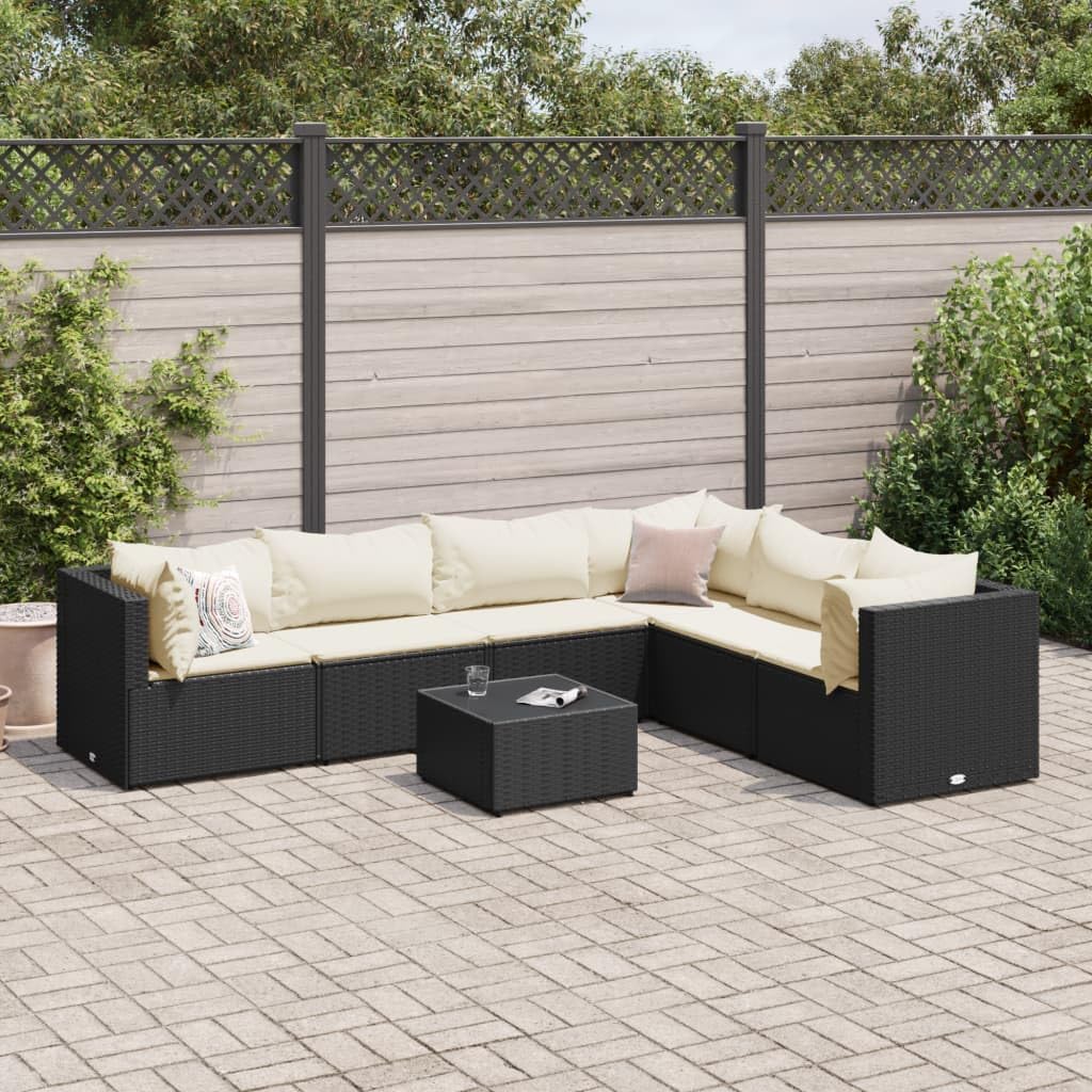 Furniture Sets 7 Piece Patio Lounge Set with Cushions Black Poly Rattan,Outdoor Rattan Lounge Set with Modular Design & Tempered Glass Tabletop Garden Conversation Sets