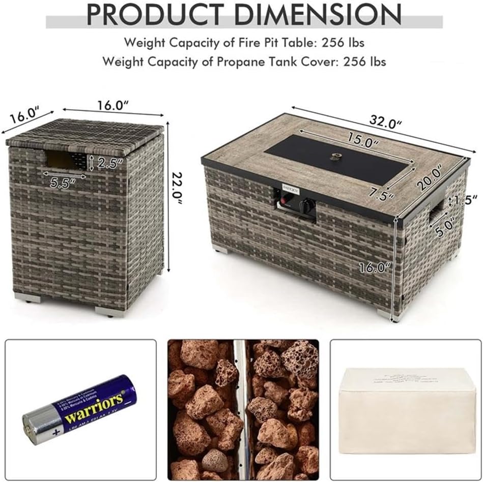 Pemberly Row 32''x 20'' Propane Fire Pit Table Set w/Side Table Tank Gray