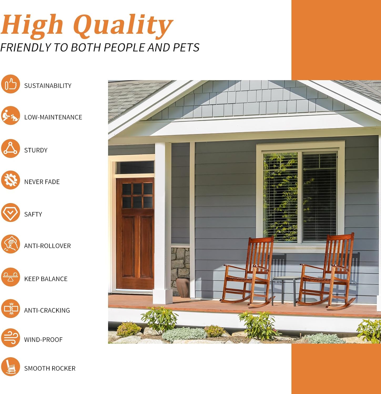 Outvita Outdoor Rocking Chair Set of 2, Solid Wood High Back Rocker, All Weather Lounge Chair for Porch Patio Fire Pit Garden Backyard Deck Indoor, Natural