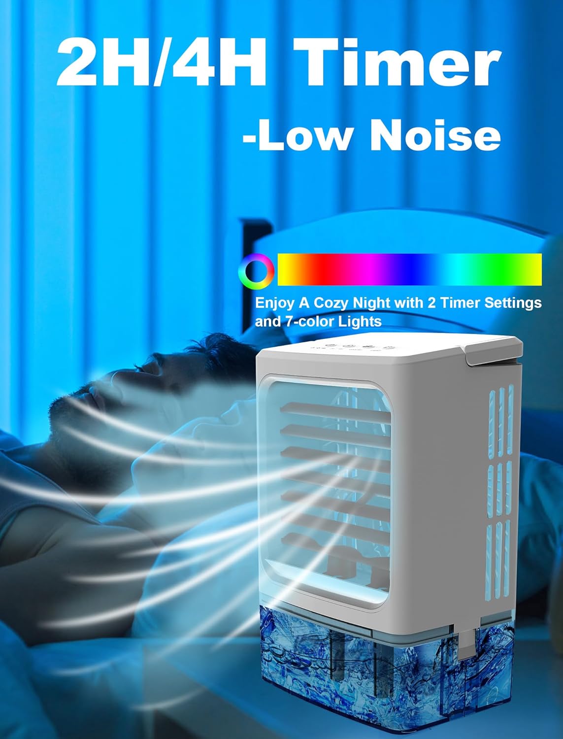Portable Air Conditioners, 3 Wind Speeds 900 ML Water Tank Quiet Portable AC, Cool Mists Humidifier & 2/4H Timer Evaporative Air Cooler, 7 Color Light Personal Cooling Fan for Home Office Bedroom