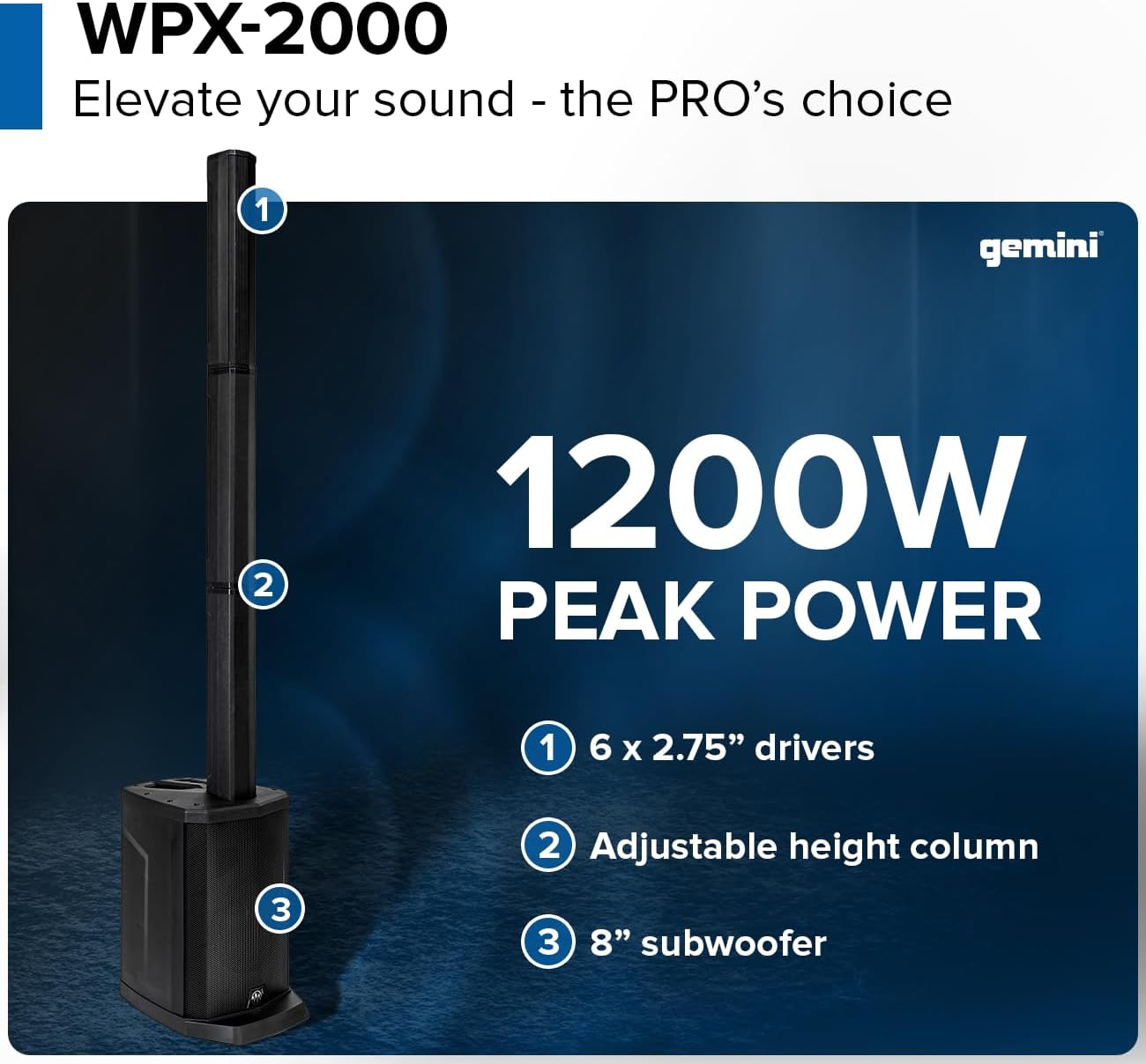 Gemini Powered Line Array PA System with Subwoofer - Column Array Speakers 1200W, Built-in Mixer, Bluetooth Streaming, Adjustable Height Tower Speakers for DJ, Karaoke, Live Performance (WPX-2000)