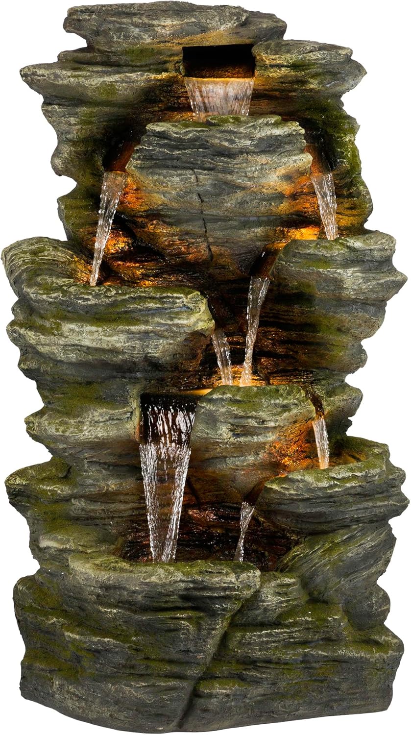 Alpine Corporation WIN1092 Outdoor Multitiered Rock Waterfall Floor Fountain with Warm White LED Lights, 51